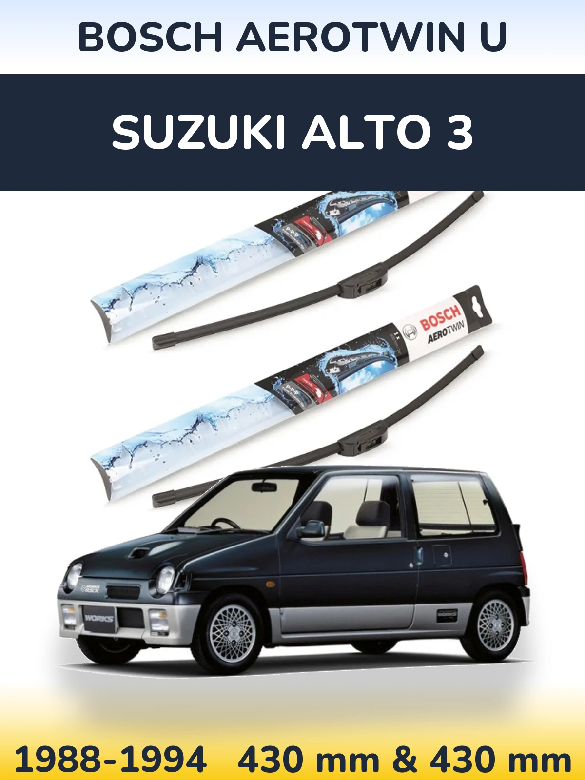 Front wiper blade set BOSCH AeroTwin U 430 & 430 mm for Suzuki Alto 3 1988-1994