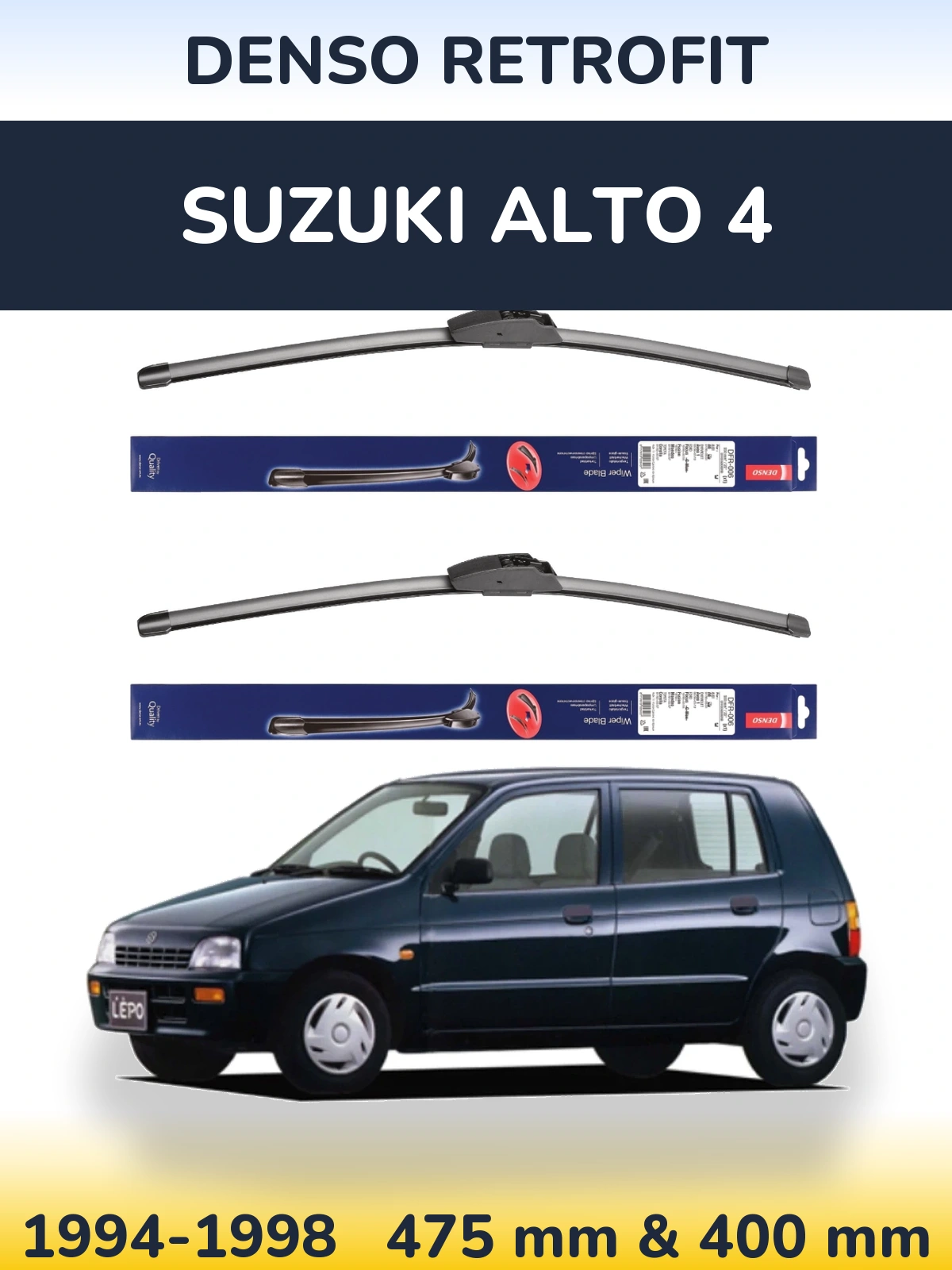 Front wiper blade set Denso Retrofit 475 & 400 mm for Suzuki Alto 4 1994-1998