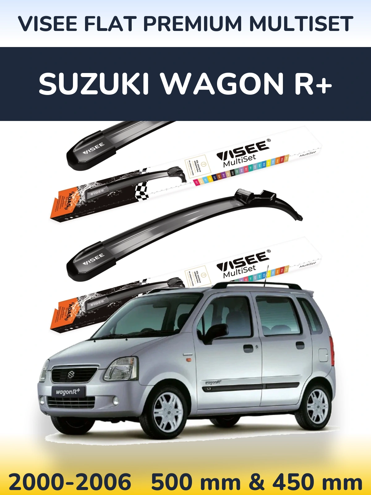 Komplet przednich wycieraczek VISEE FLAT PREMIUM MultiSet 500 & 450 mm do Suzuki Wagon R+ 2000-2006