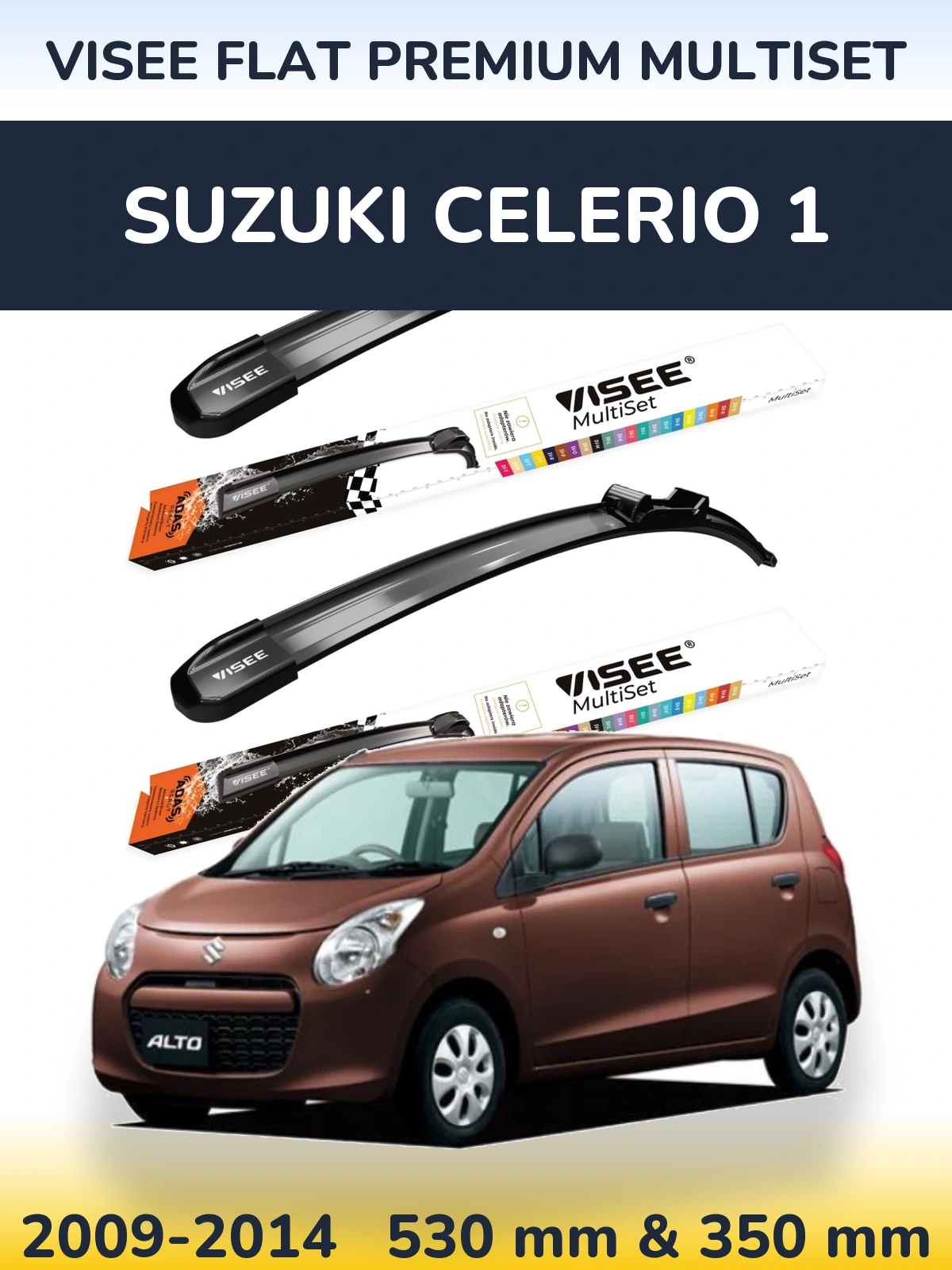 Front wiper blade set VISEE FLAT PREMIUM MultiSet 530 & 350 mm for Suzuki Celerio 1 2009-2014