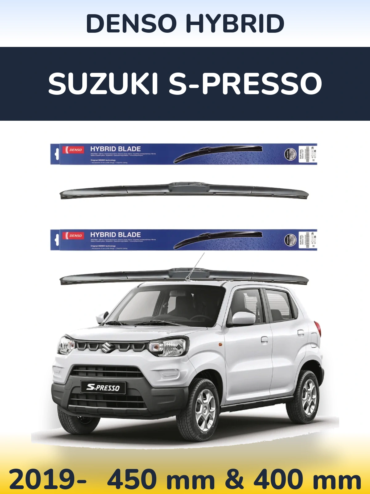 Front wiper blade set Denso Hybrid 450 & 400 mm for Suzuki S-Presso 2019-2026