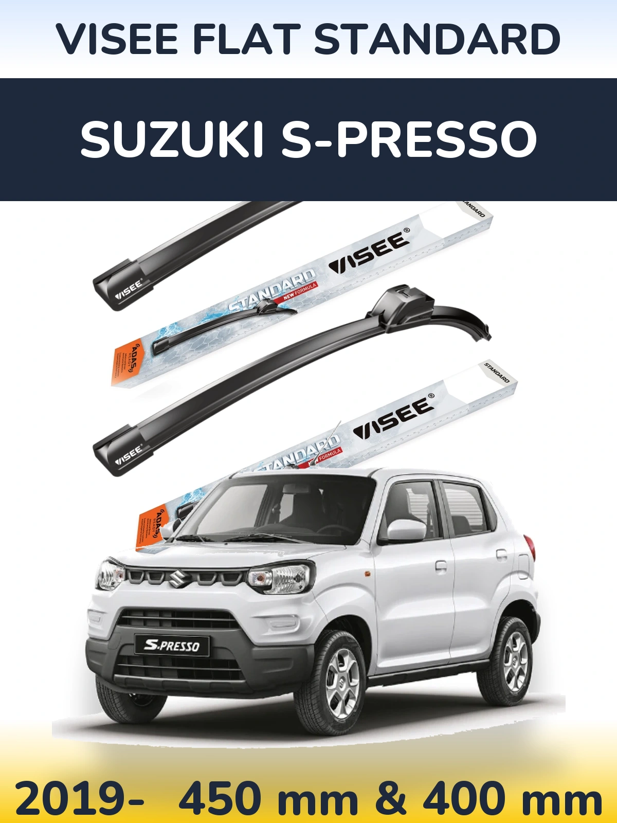 Front wiper blade set VISEE FLAT STANDARD 450 & 400 mm for Suzuki S-Presso 2019-2026