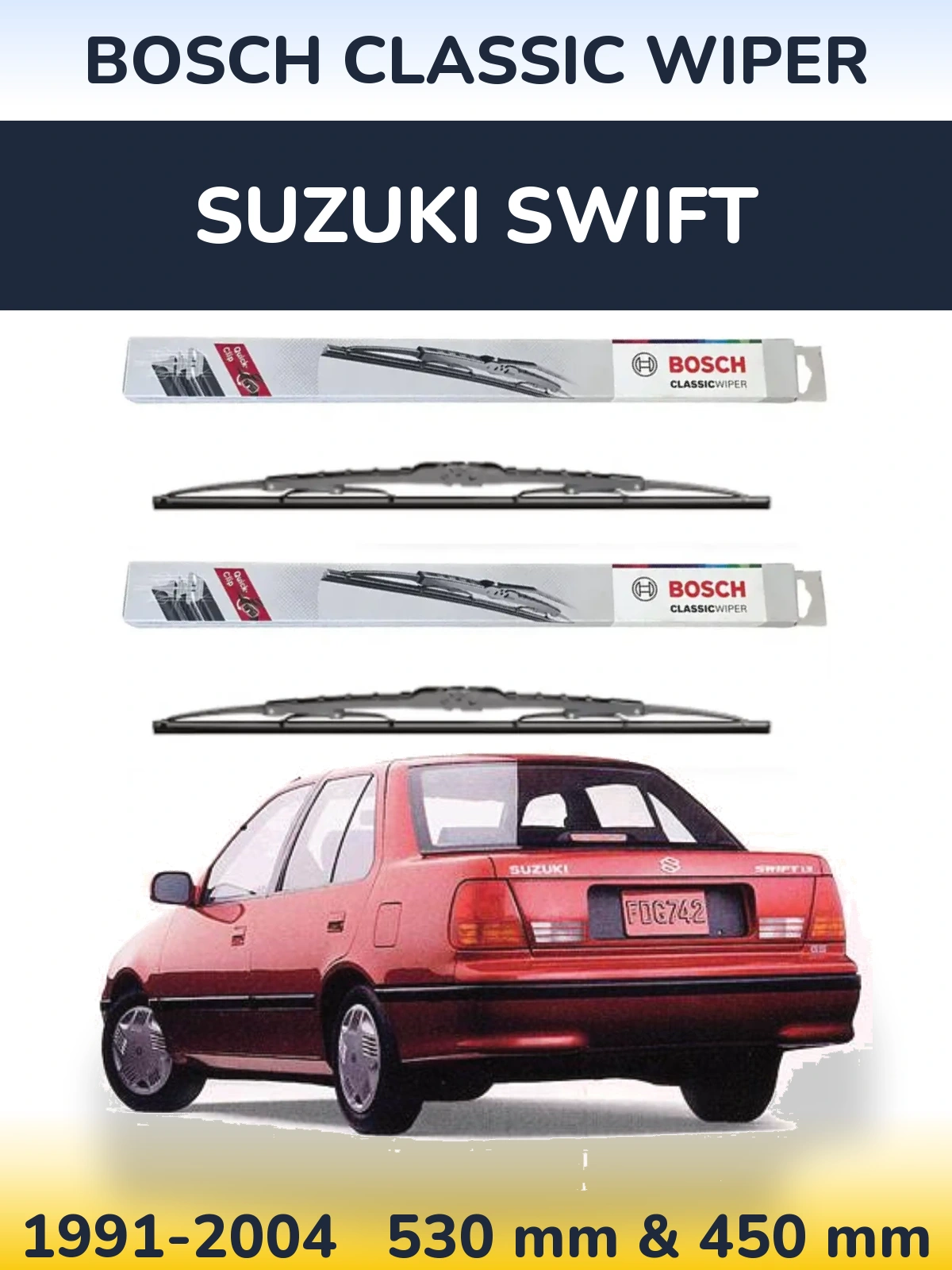 Front wiper blade set BOSCH Classic Wiper 530 & 450 mm for Suzuki Swift 1991-2004