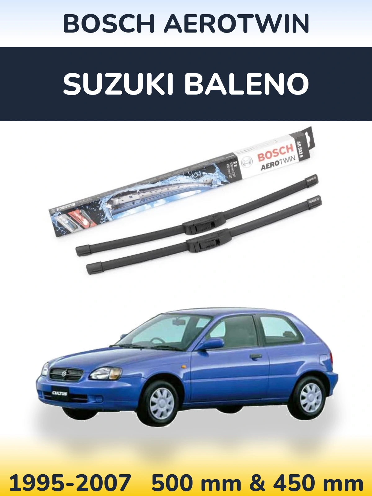 Комплект передніх щіток BOSCH AeroTwin 500 & 450 мм для Suzuki Baleno 1995-2007