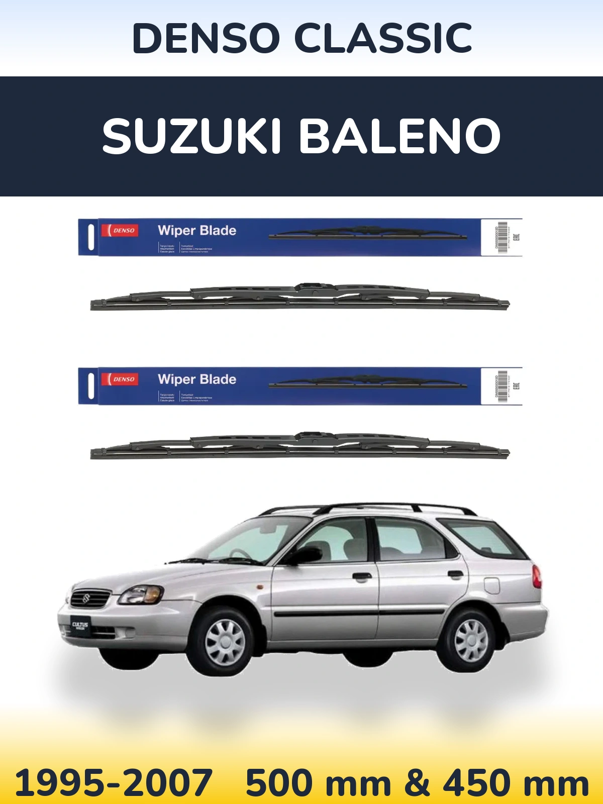 Front wiper blade set Denso Classic 500 & 450 mm for Suzuki Baleno 1995-2007