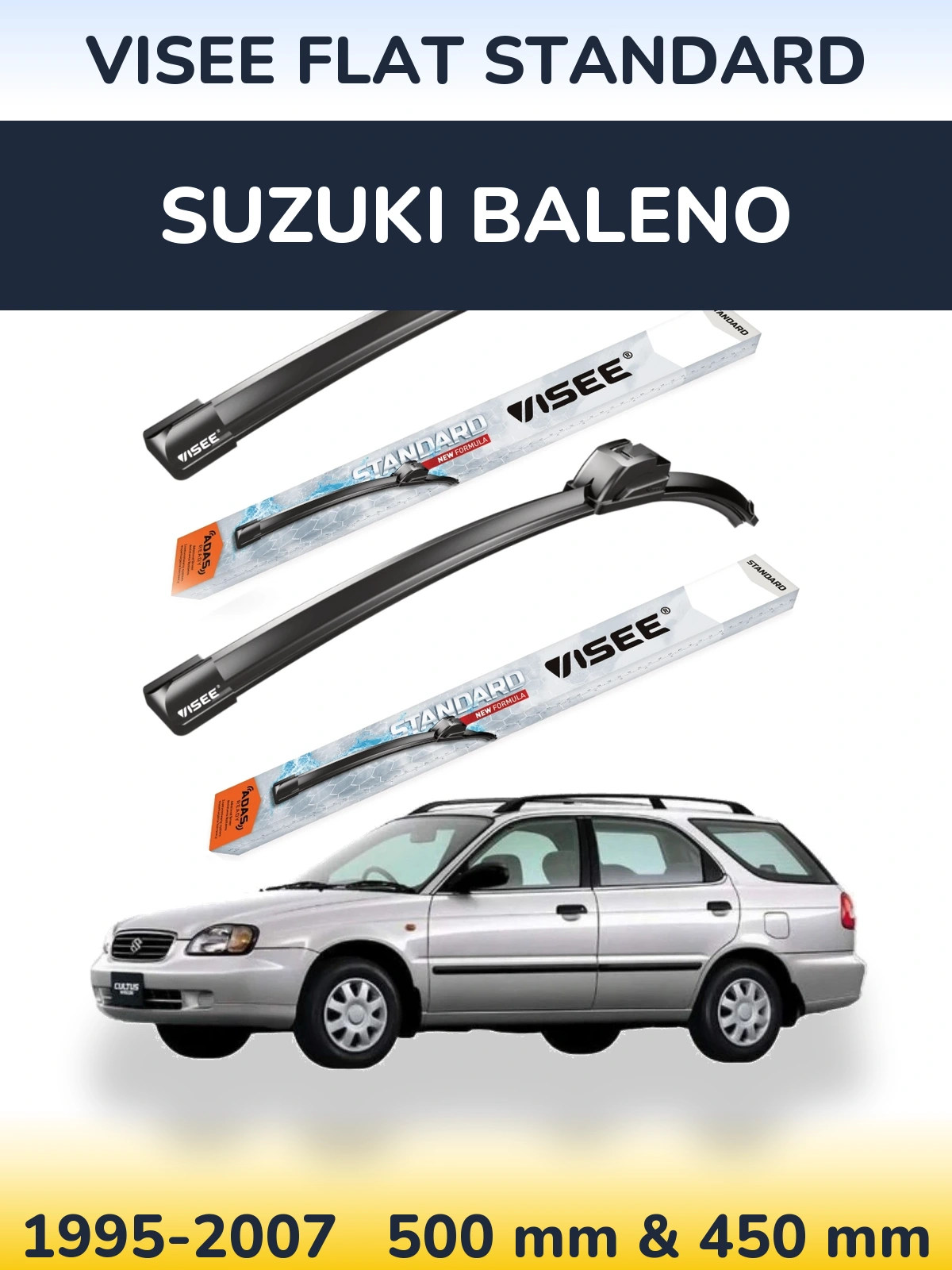 Front wiper blade set VISEE FLAT STANDARD 500 & 450 mm for Suzuki Baleno 1995-2007