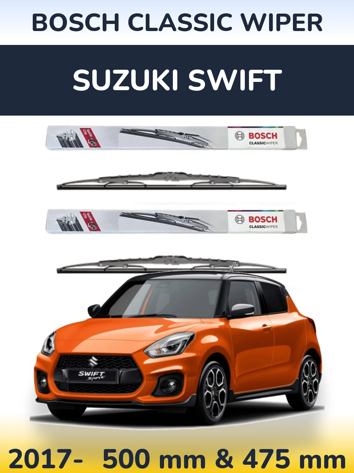 Комплект передних дворников BOSCH Classic Wiper 500 & 475 мм для Suzuki Swift 2017-2026