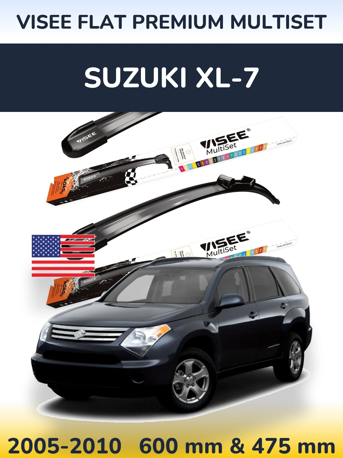Комплект передніх щіток VISEE FLAT PREMIUM MultiSet 600 & 475 мм для Suzuki XL-7 2005-2010
