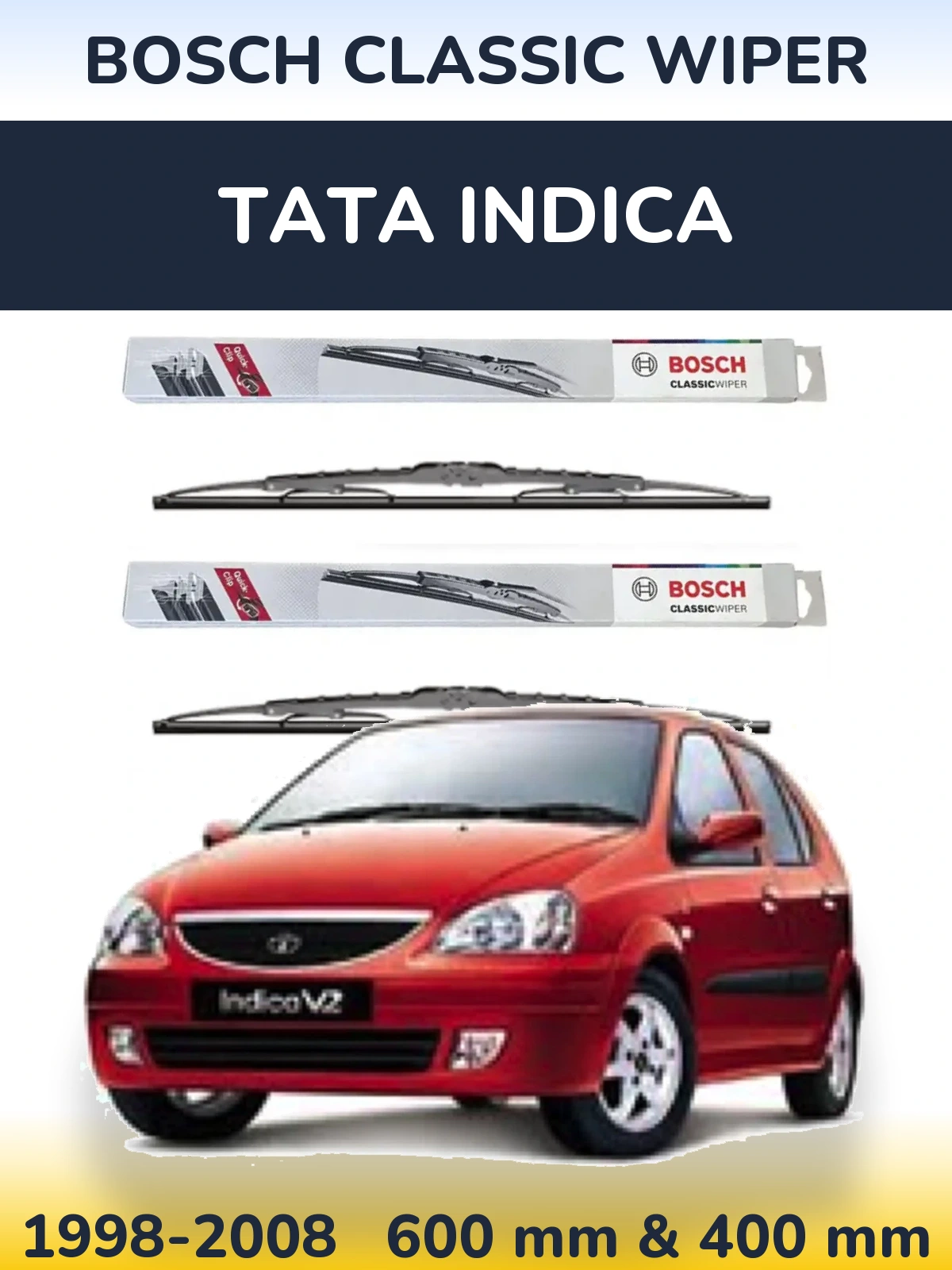 Front wiper blade set BOSCH Classic Wiper 600 & 400 mm for Tata Indica 1998-2008