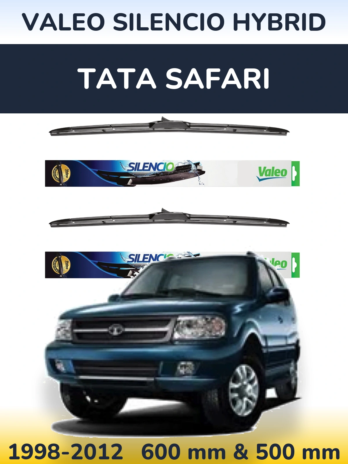 Front wiper blade set Valeo Silencio Hybrid 600 & 500 mm for Tata Safari 1998-2012