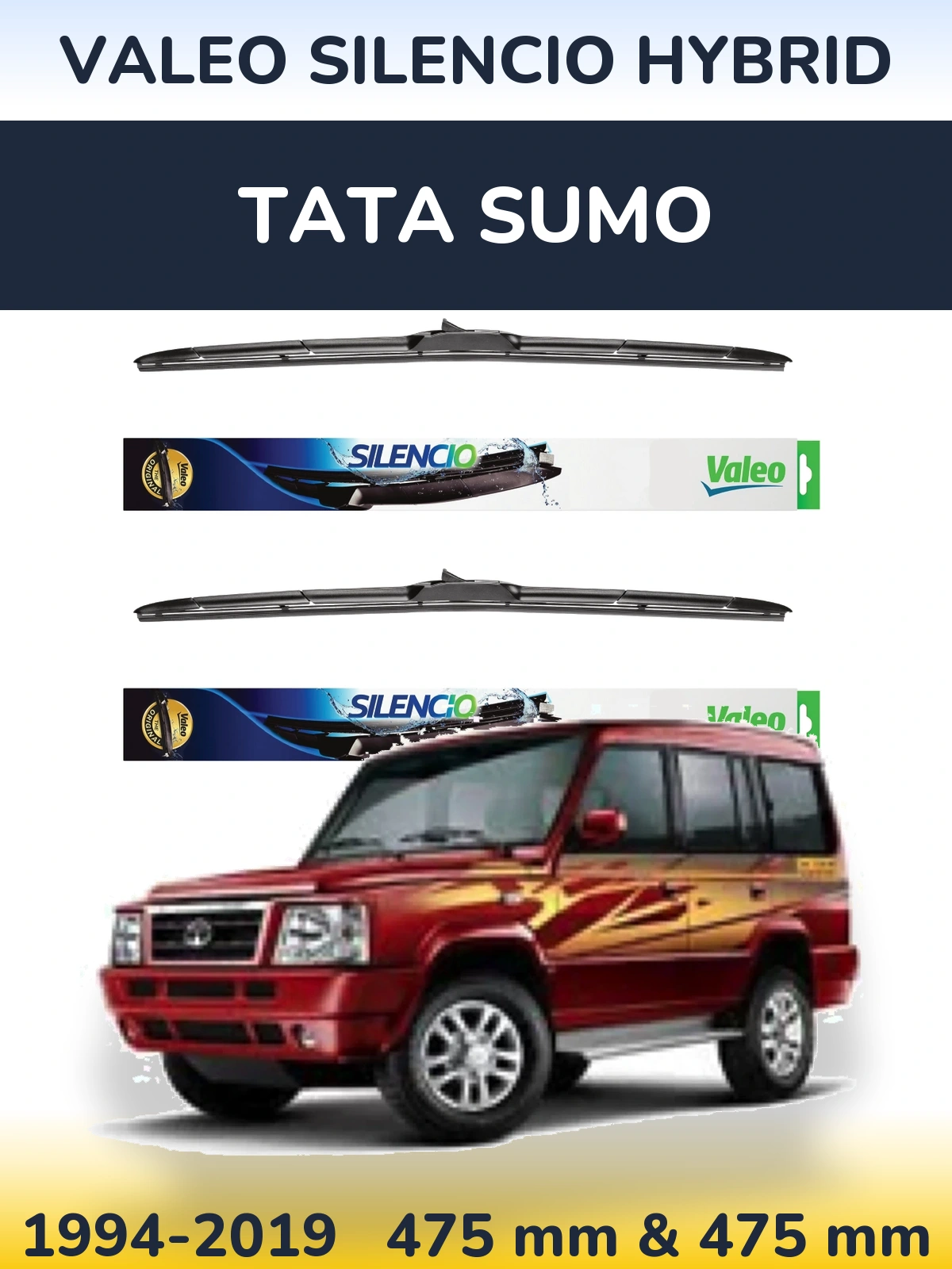 Front wiper blade set Valeo Silencio Hybrid 475 & 475 mm for Tata Sumo 1994-2019