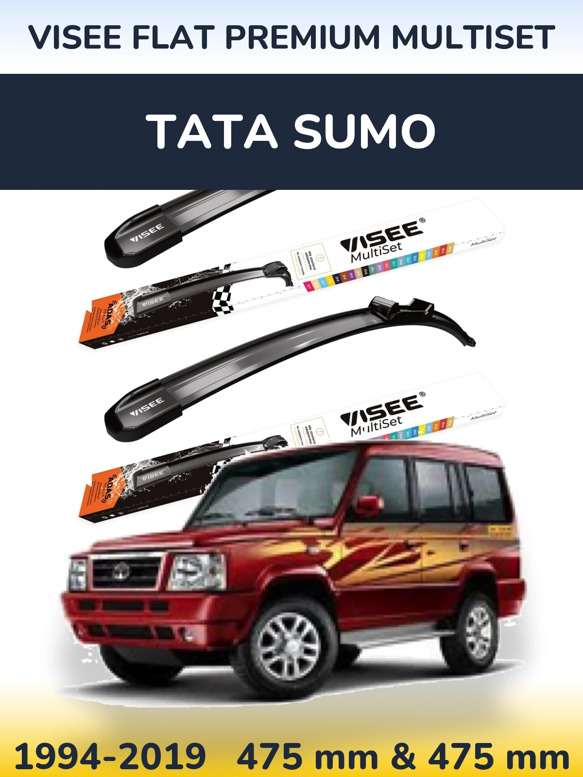 Front wiper blade set VISEE FLAT PREMIUM MultiSet 475 & 475 mm for Tata Sumo 1994-2019