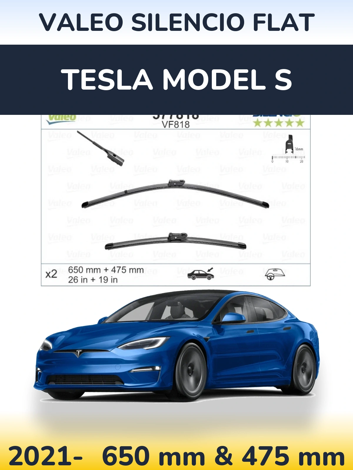 Комплект передних дворников Valeo Silencio Flat 650 & 475 мм для Tesla Модель S 2021-2026