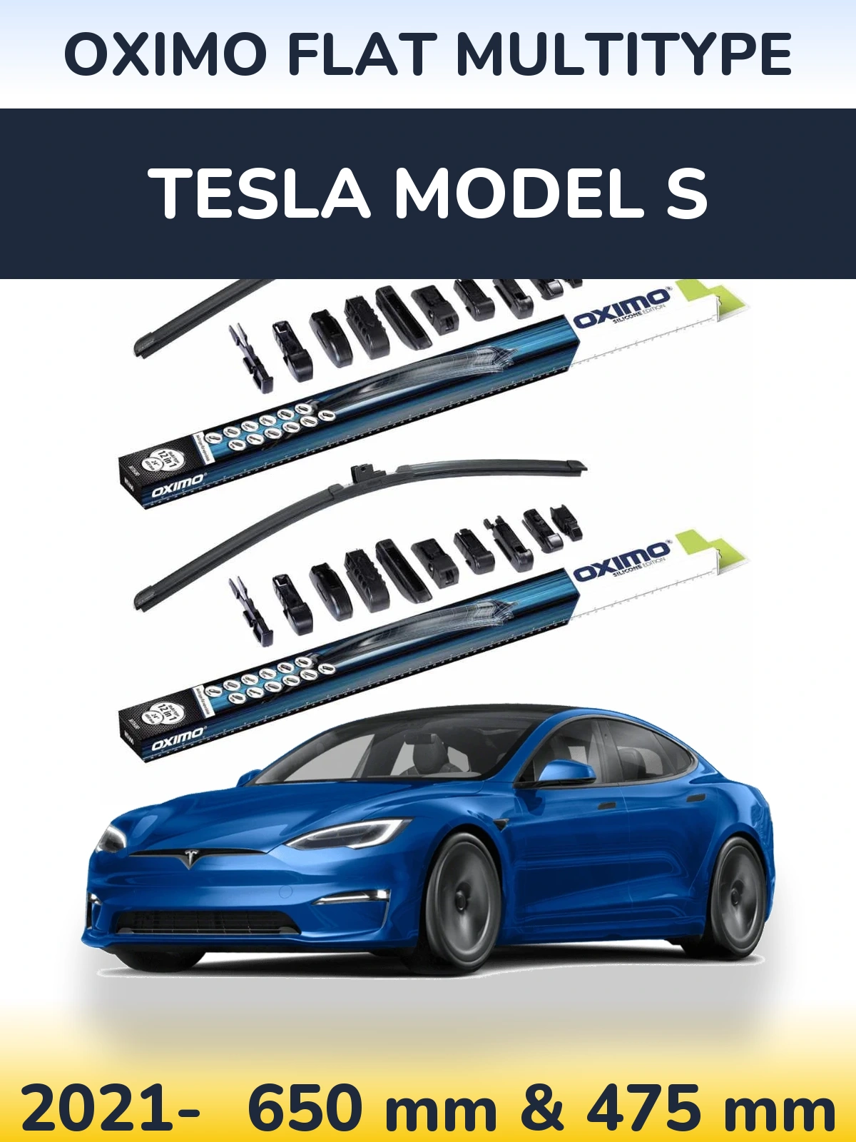 Front wiper blade set Oximo Flat MultiTypee 650 & 475 mm for Tesla Model S 2021-2026