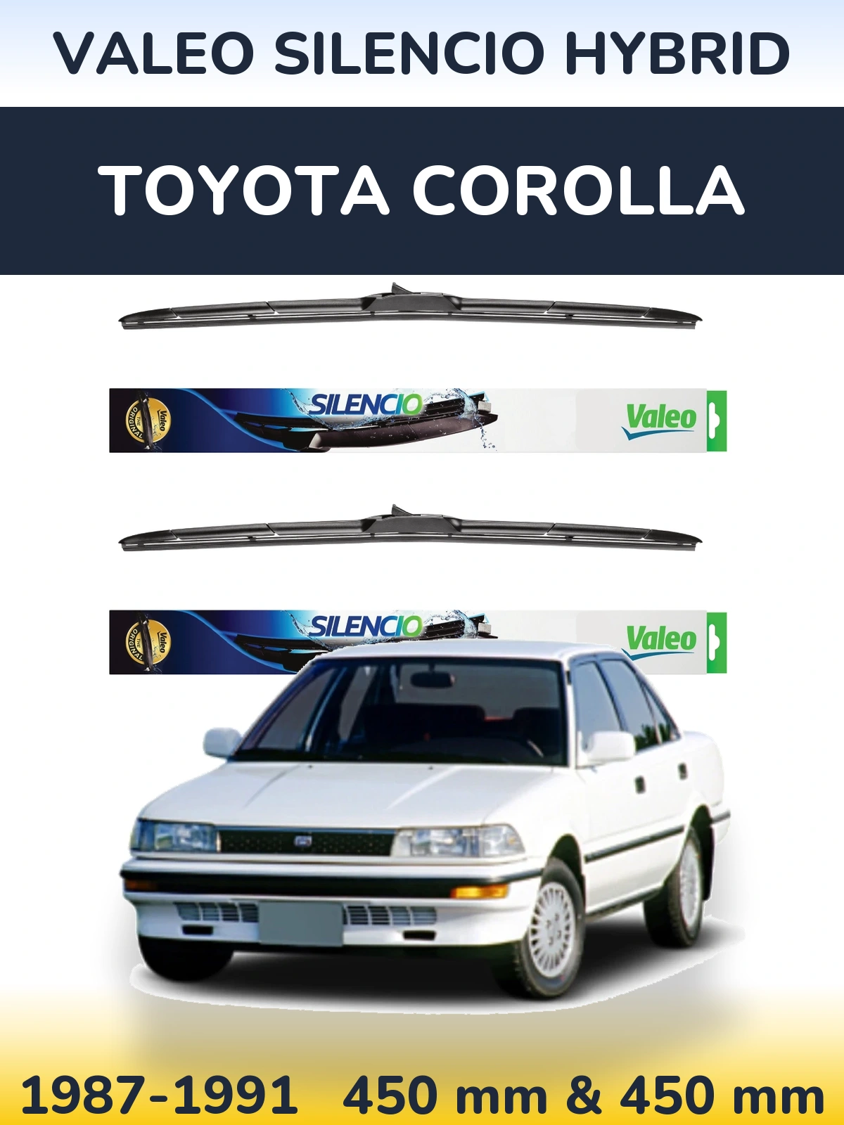 Front wiper blade set Valeo Silencio Hybrid 450 & 450 mm for Toyota Corolla 1987-1991