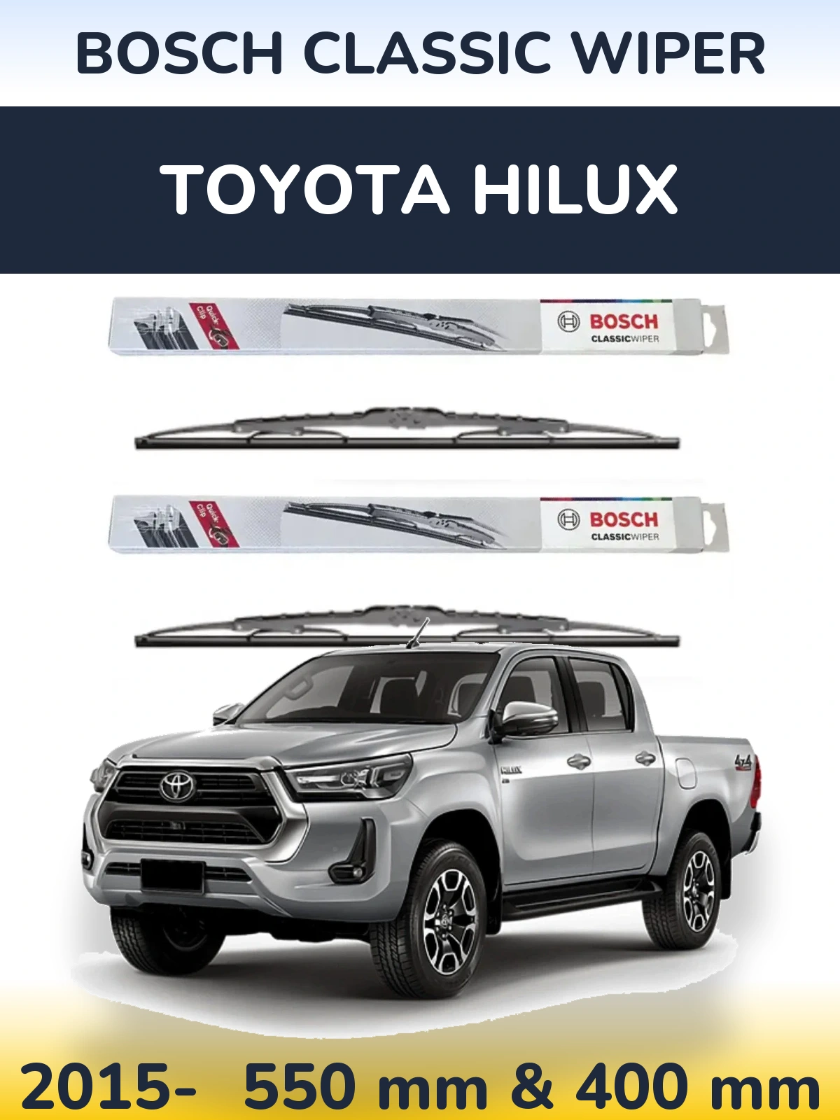 Front wiper blade set BOSCH Classic Wiper 550 & 400 mm for Toyota Hilux 2015-2026