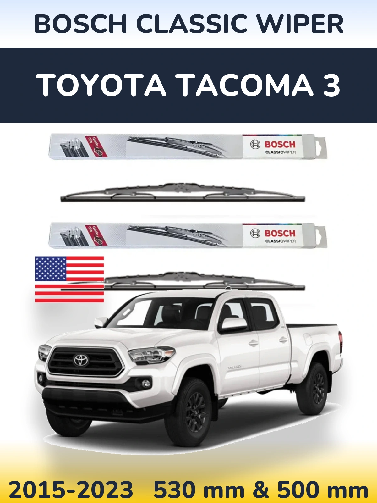 Front wiper blade set BOSCH Classic Wiper 530 & 500 mm for Toyota Tacoma 3 2015-2023