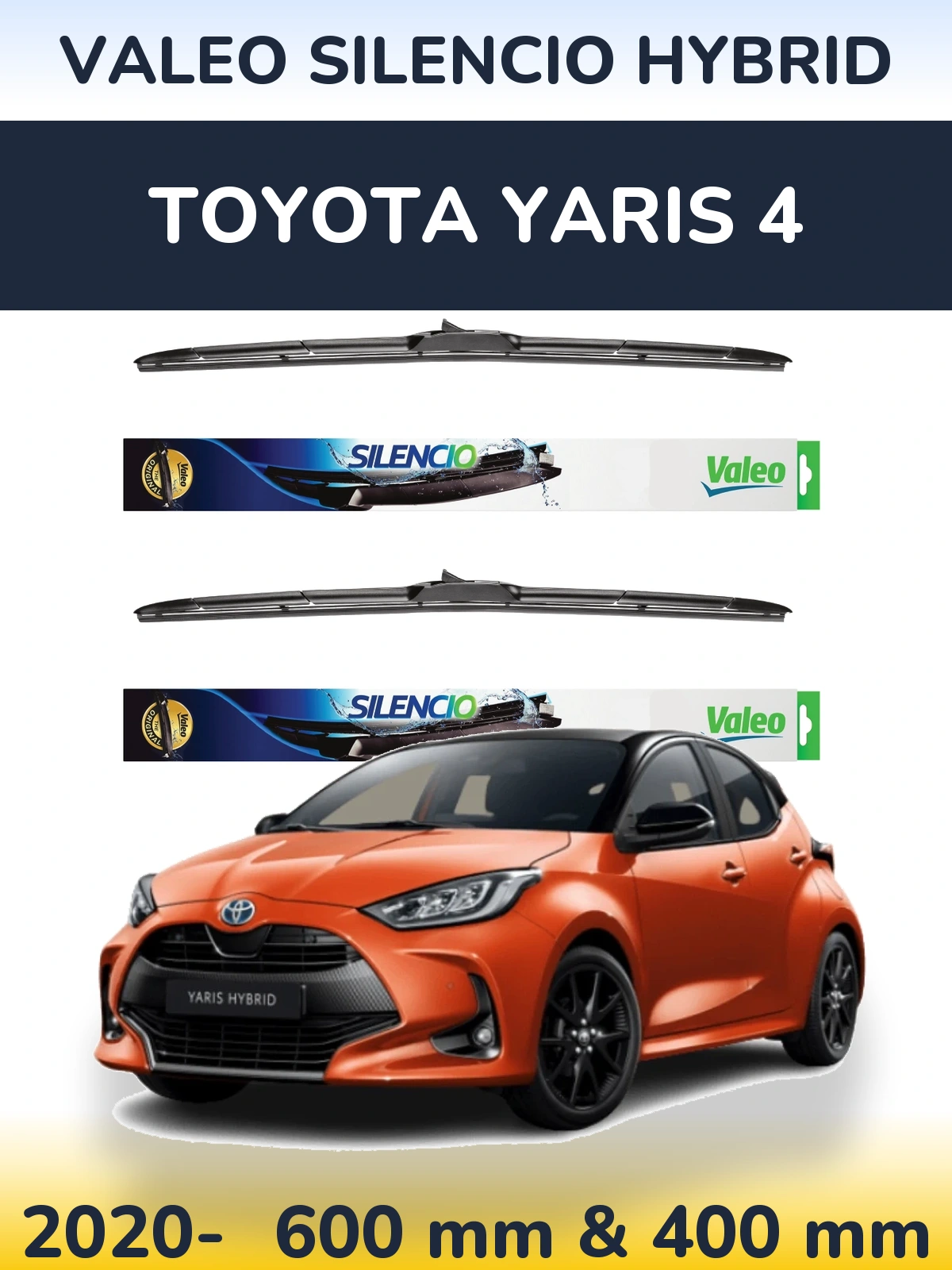 Front wiper blade set Valeo Silencio Hybrid 600 & 400 mm for Toyota Yaris 4 2020-2026