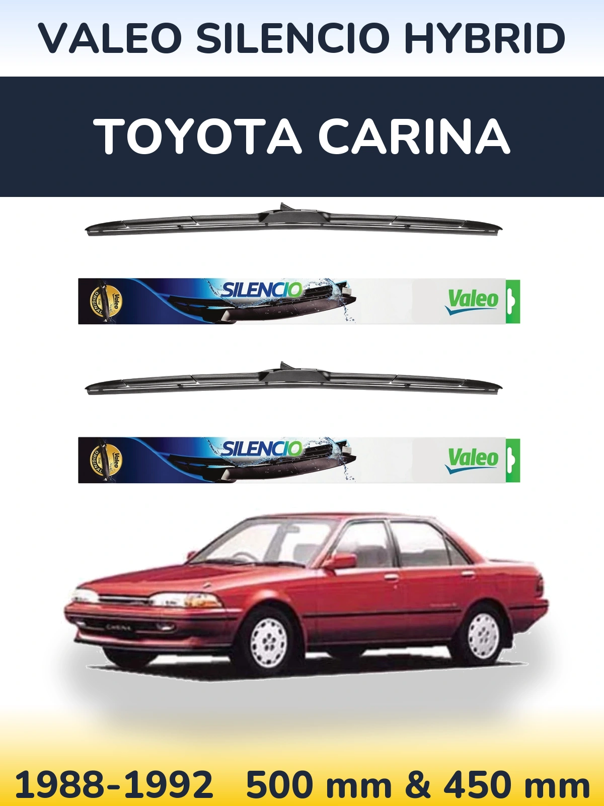 Front wiper blade set Valeo Silencio Hybrid 500 & 450 mm for Toyota Carina 1988-1992