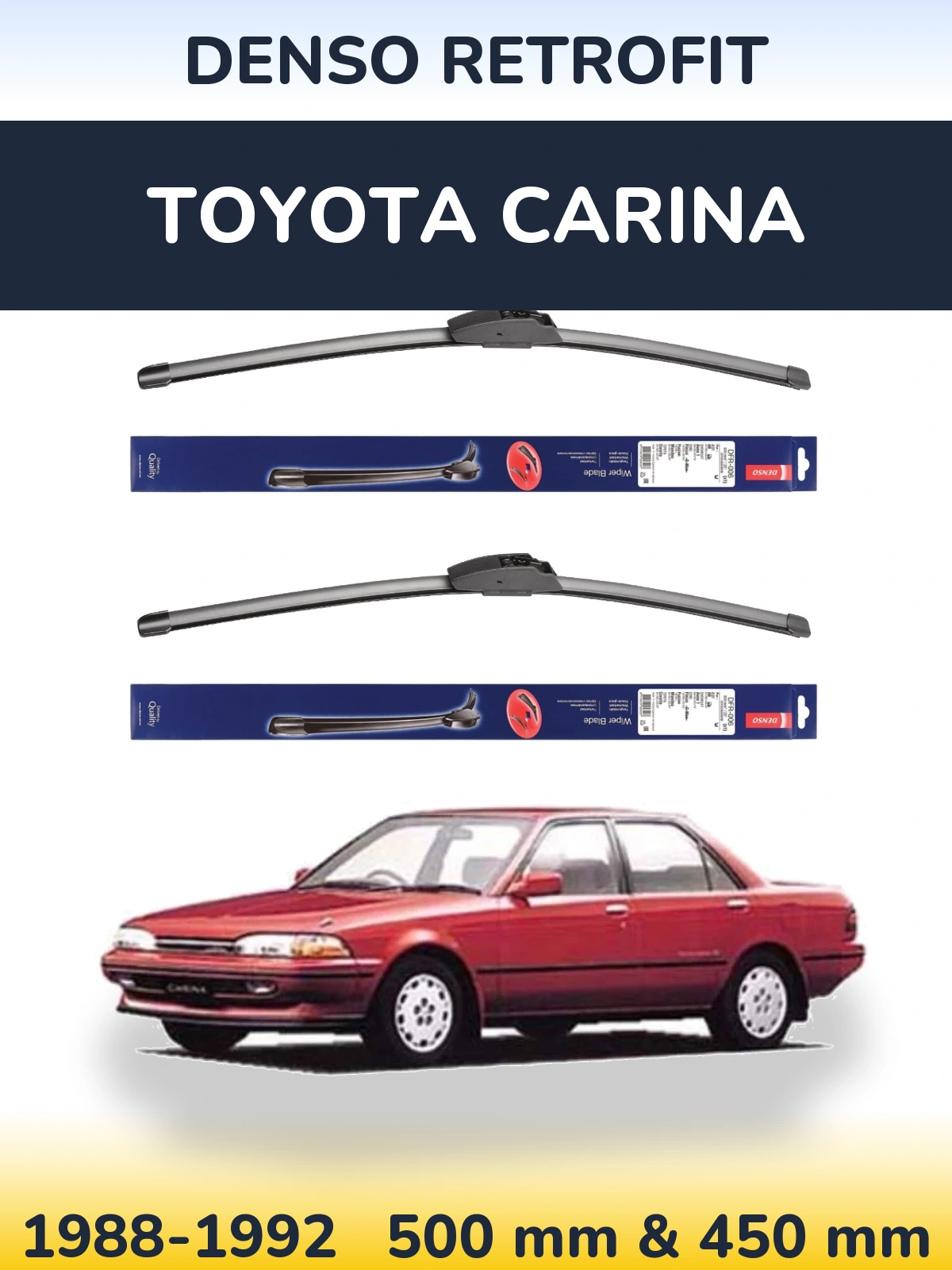 Front wiper blade set Denso Retrofit 500 & 450 mm for Toyota Carina 1988-1992