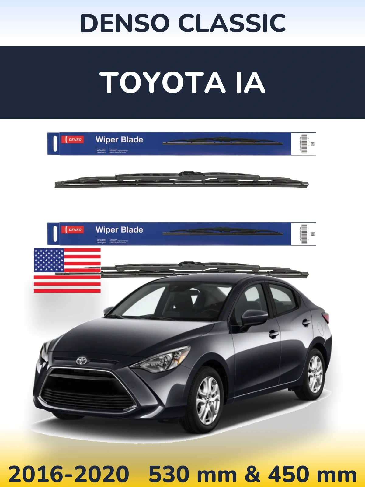 Front wiper blade set Denso Classic 530 & 450 mm for Toyota iA 2016-2020