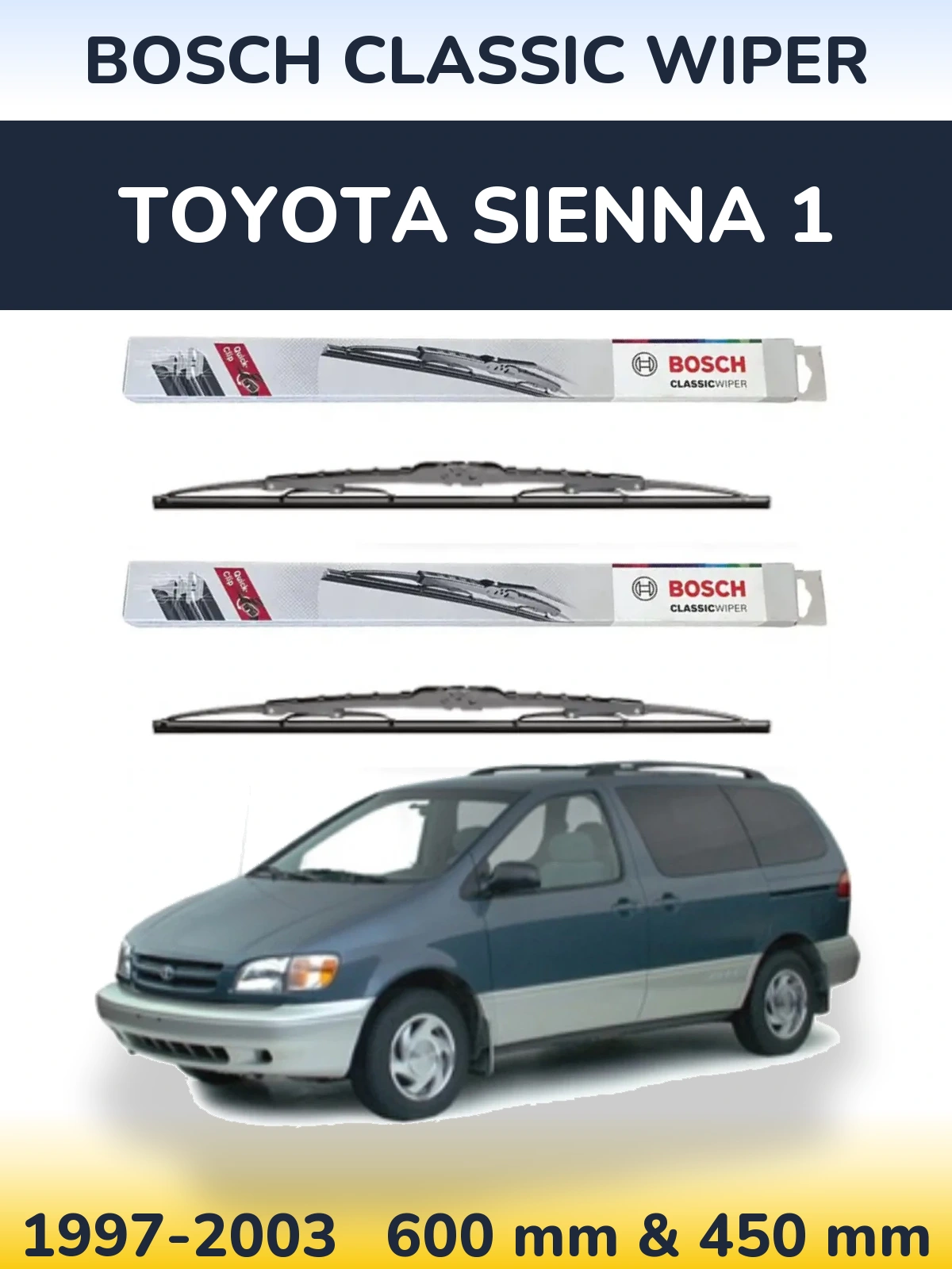 Комплект передніх щіток BOSCH Classic Wiper 600 & 450 мм для Toyota Sienna 1 1997-2003