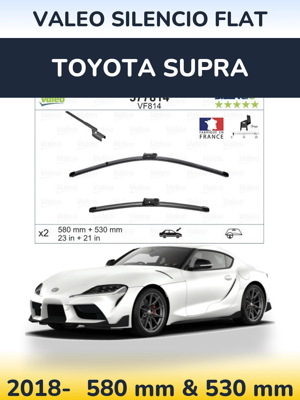 Front wiper blade set Valeo Silencio Flat 580 & 530 mm for Toyota Supra 2018-2026