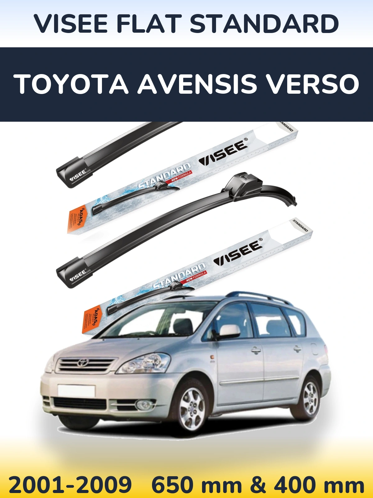 Комплект передніх щіток VISEE FLAT STANDARD 650 & 400 мм для Toyota Avensis Verso 2001-2009