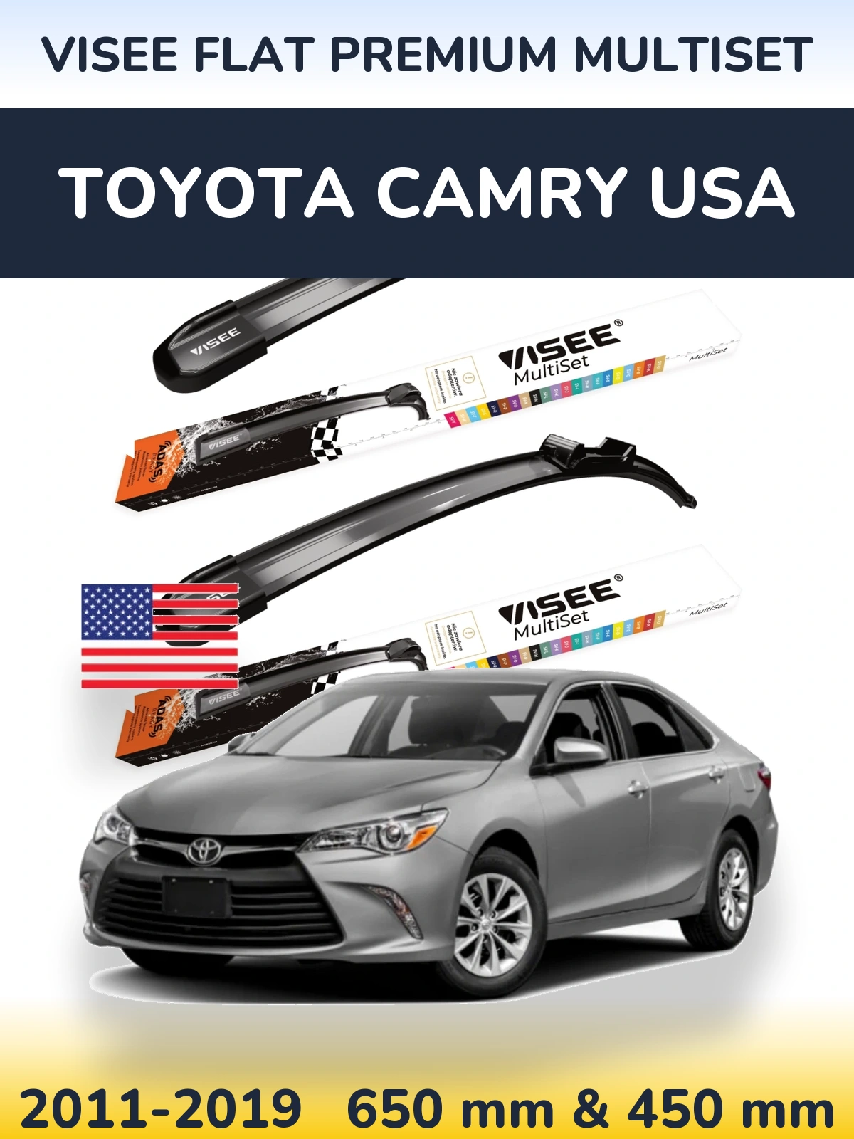 Комплект передних дворников VISEE FLAT PREMIUM MultiSet 650 & 450 мм для Toyota Camry USA 2011-2019