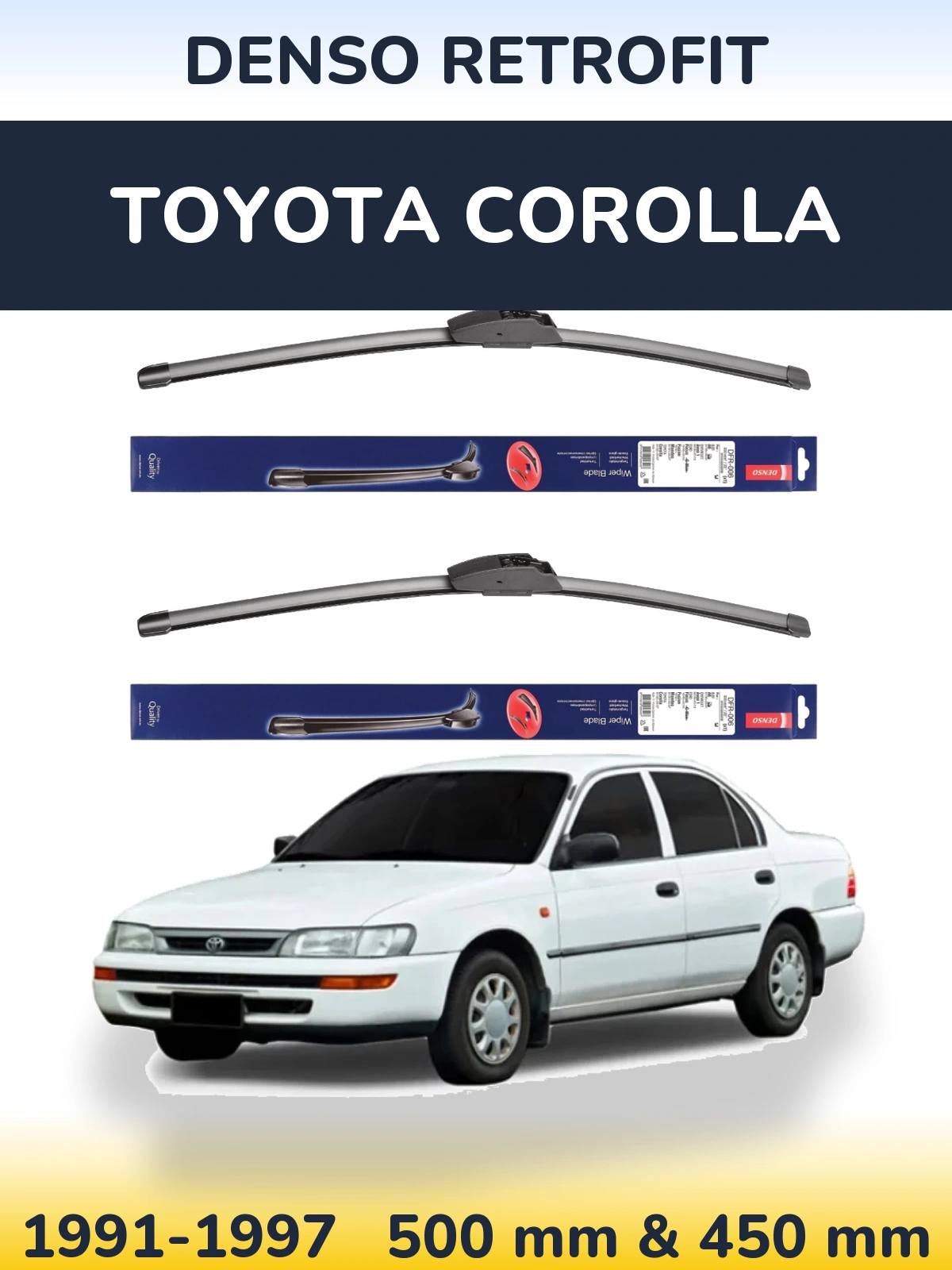 Front wiper blade set Denso Retrofit 500 & 450 mm for Toyota Corolla 1991-1997