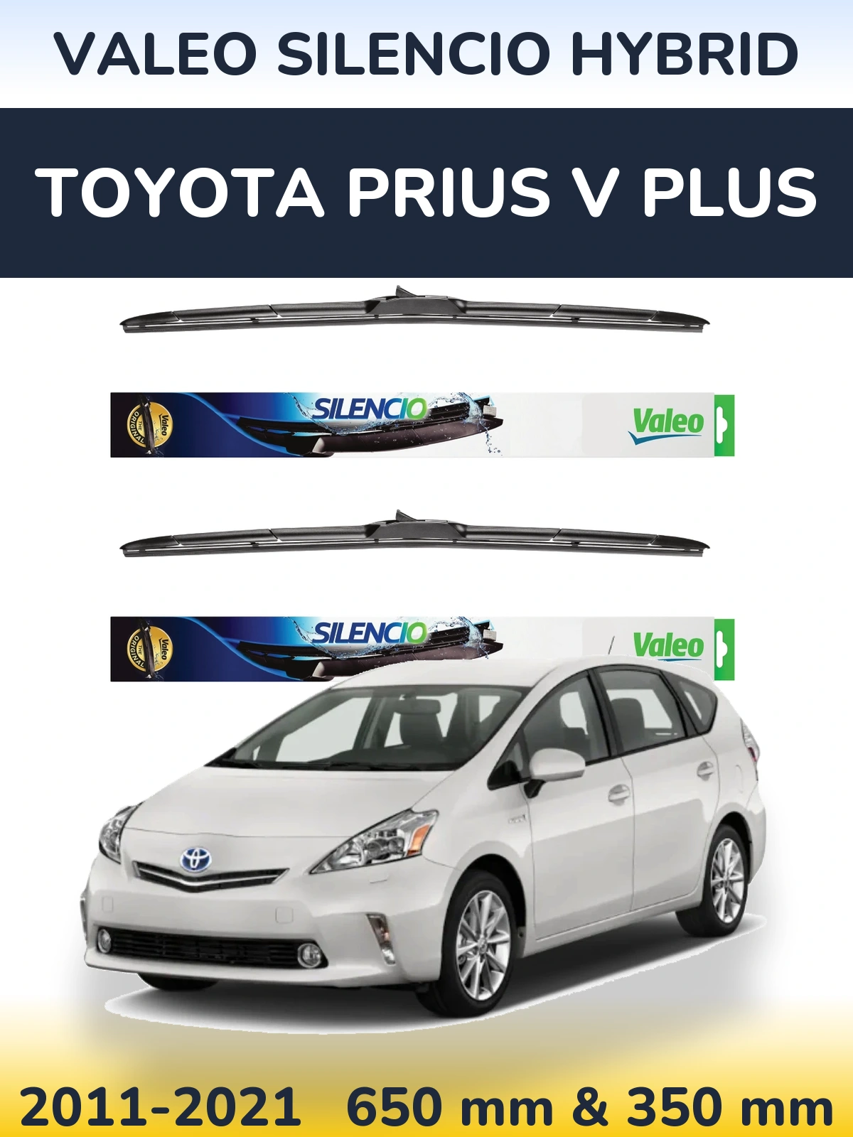 Front wiper blade set Valeo Silencio Hybrid 650 & 350 mm for Toyota Prius V Plus 2011-2021