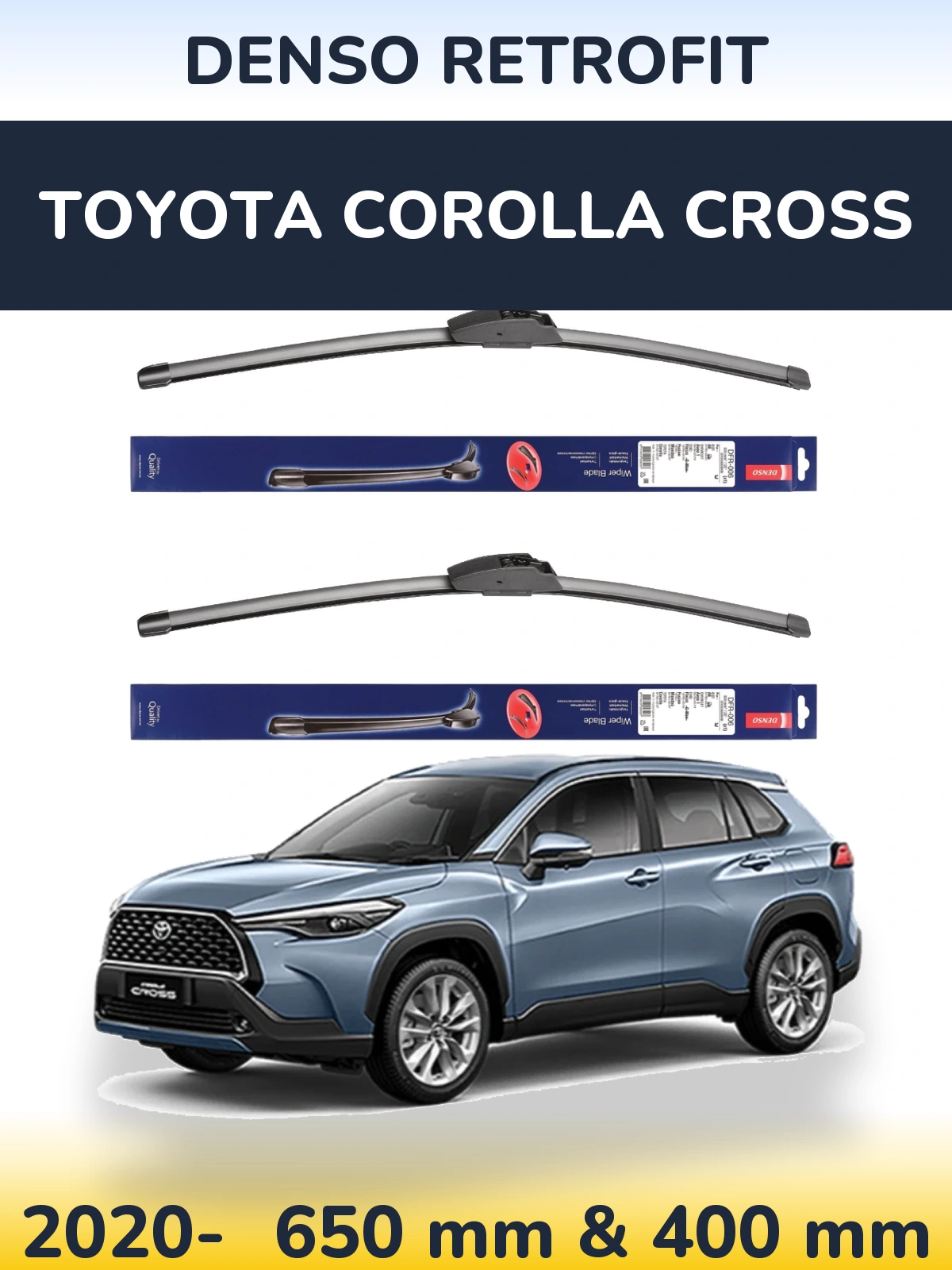 Комплект передніх щіток Denso Retrofit 650 & 400 мм для Toyota Corolla Cross 2020-2026