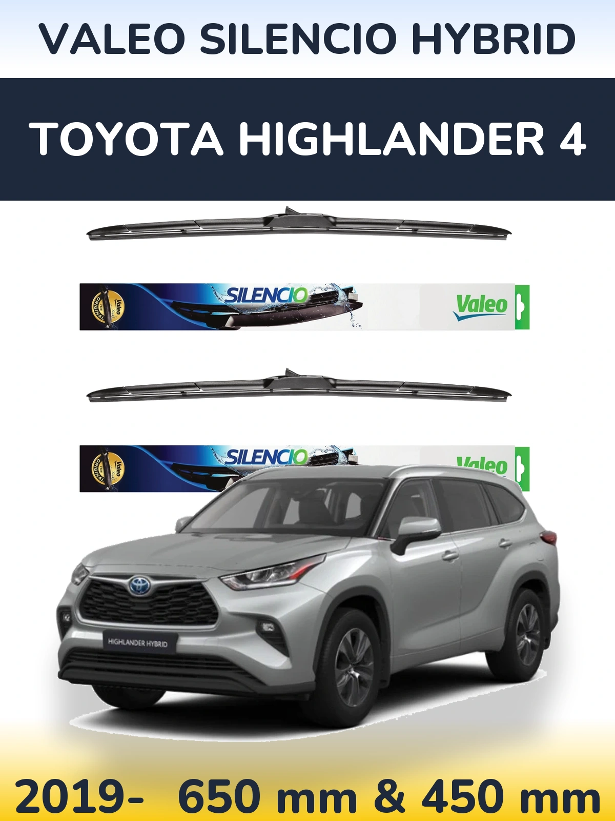 Front wiper blade set Valeo Silencio Hybrid 650 & 450 mm for Toyota Highlander 4 2019-2026