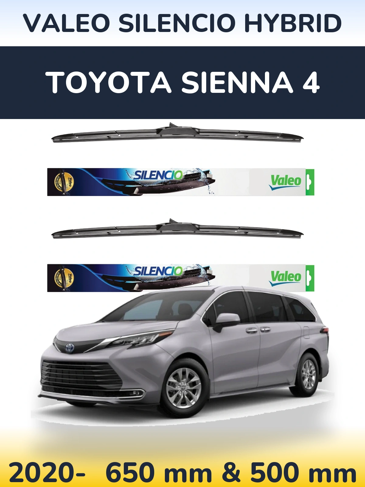 Комплект передніх щіток Valeo Silencio Hybrid 650 & 500 мм для Toyota Sienna 4 2020-2026