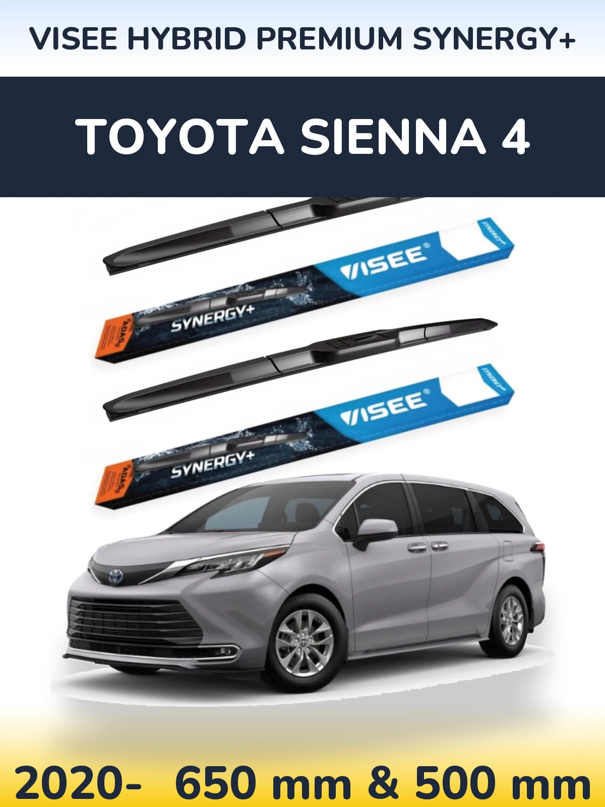 Front wiper blade set VISEE HYBRID PREMIUM SYNERGY+ 650 & 500 mm for Toyota Sienna 4 2020-2026