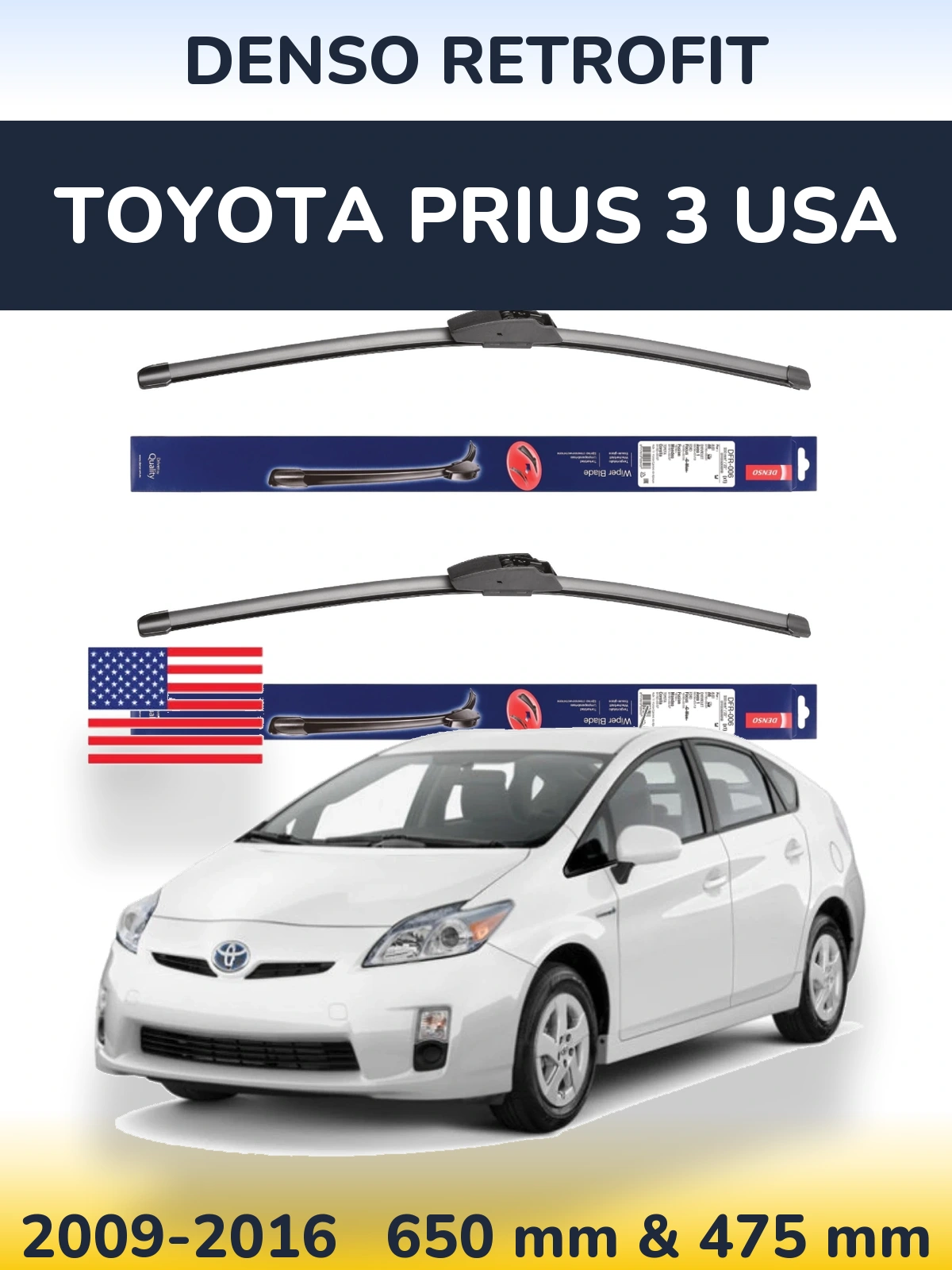 Komplet przednich wycieraczek Denso Retrofit 650 & 475 mm do Toyota Prius 3 USA 2009-2016