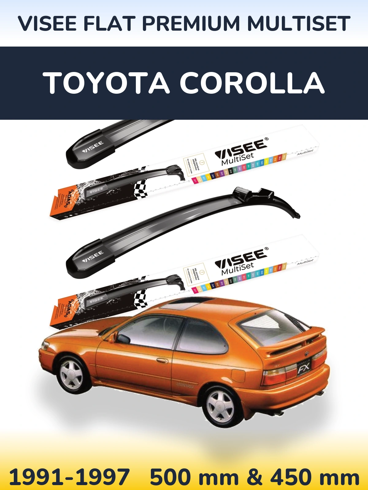 Комплект передних дворников VISEE FLAT PREMIUM MultiSet 500 & 450 мм для Toyota Corolla 1991-1997