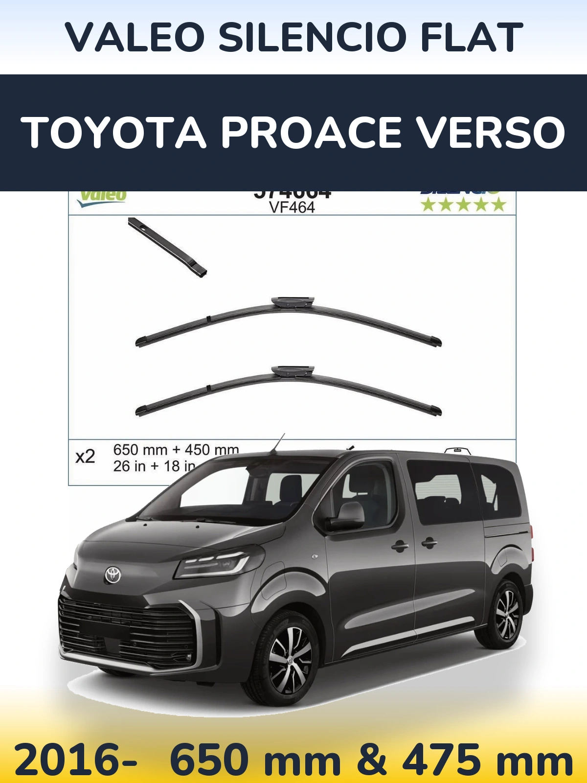 Front wiper blade set Valeo Silencio Flat 650 & 450 mm for Toyota ProAce Verso 2016-2026