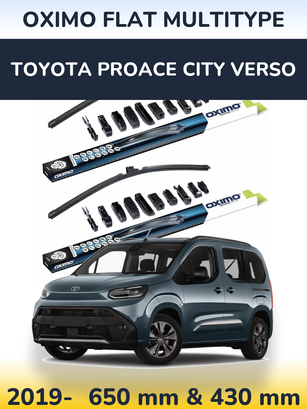 Front wiper blade set Oximo Flat MultiTypee 650 & 430 mm for Toyota ProAce City Verso 2019-2026