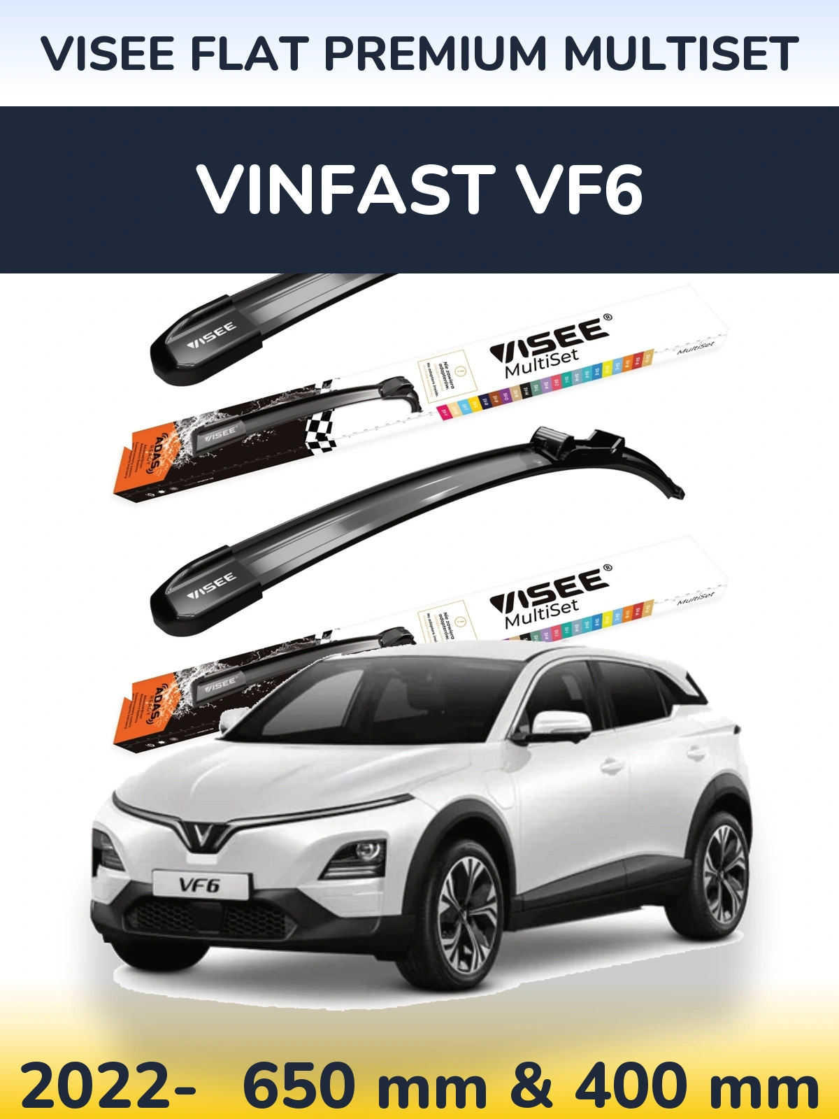 Front wiper blade set VISEE FLAT PREMIUM MultiSet 650 & 400 mm for Vinfast VF6 2022-2026