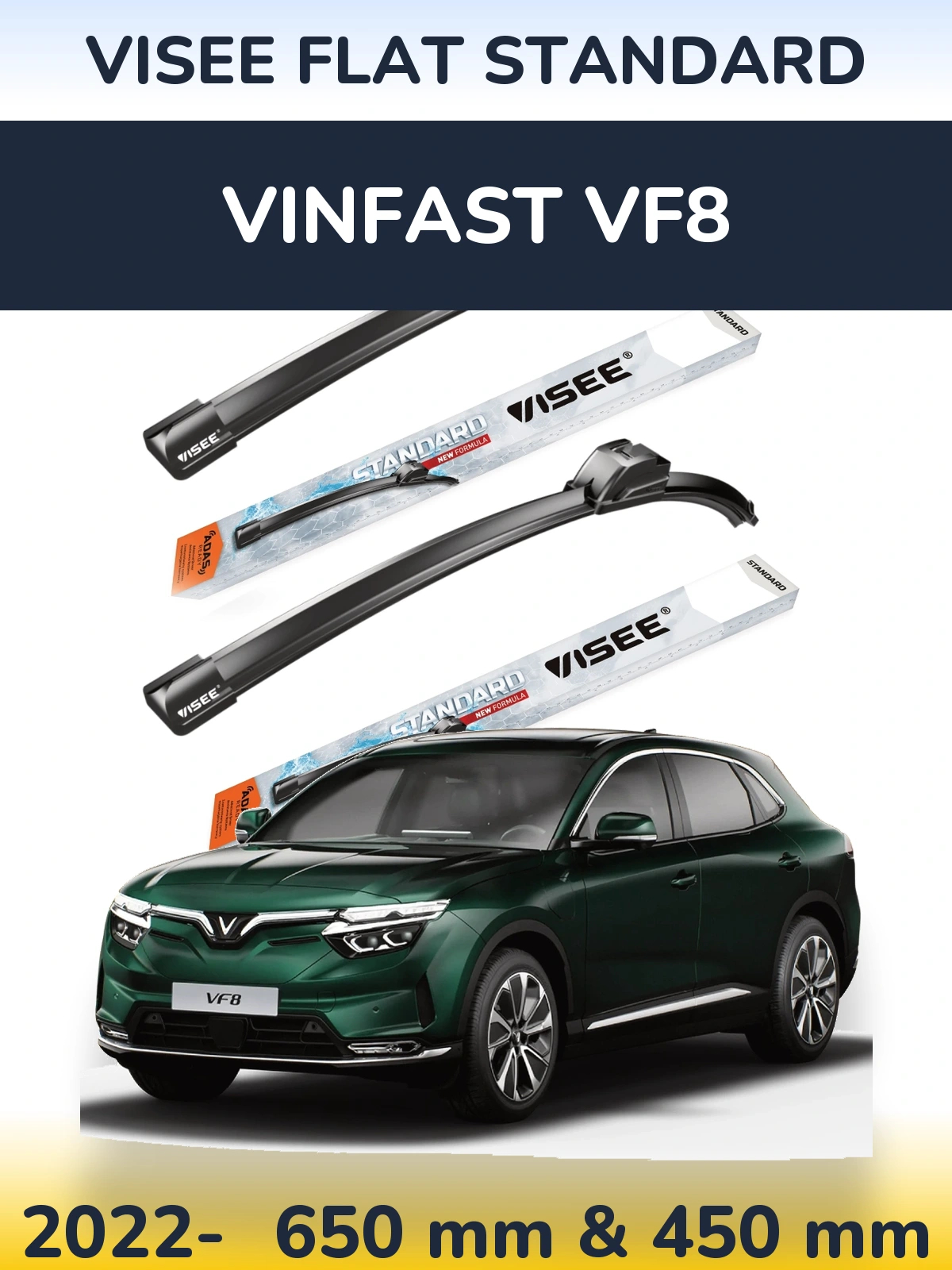 Комплект передних дворников VISEE FLAT STANDARD 650 & 450 мм для Vinfast VF8 2022-2026