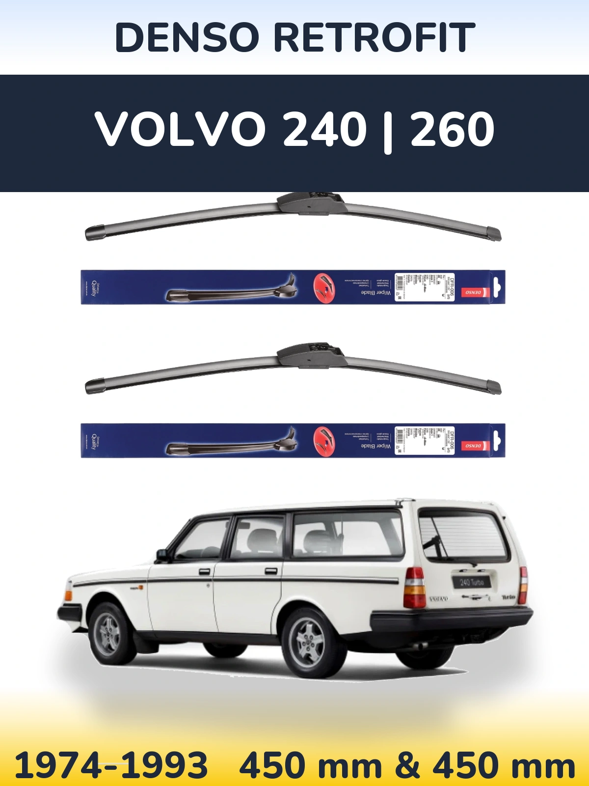 Komplet przednich wycieraczek Denso Retrofit 450 & 450 mm do Volvo 240 | 260 1974-1993