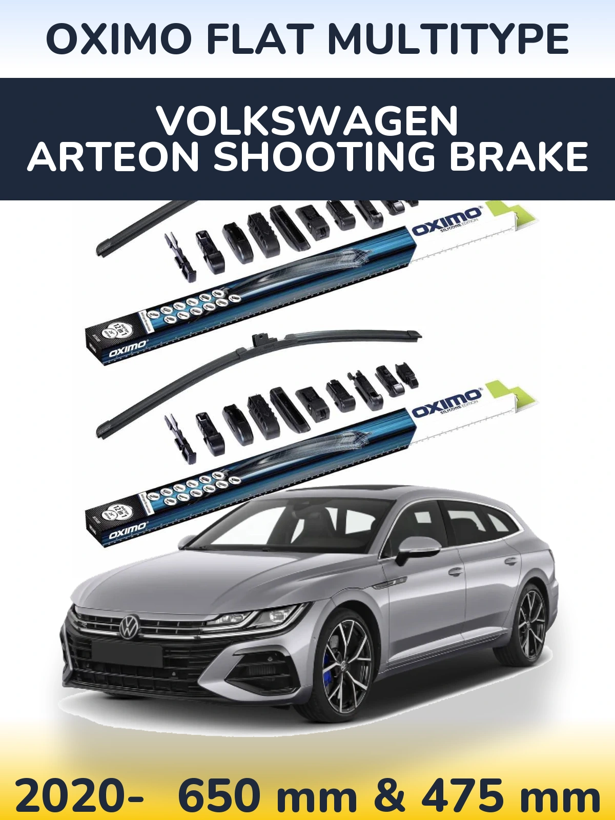 Комплект передніх щіток Oximo Flat MultiТипe 650 & 475 мм для Volkswagen Arteon Shooting Brake 2020-2026