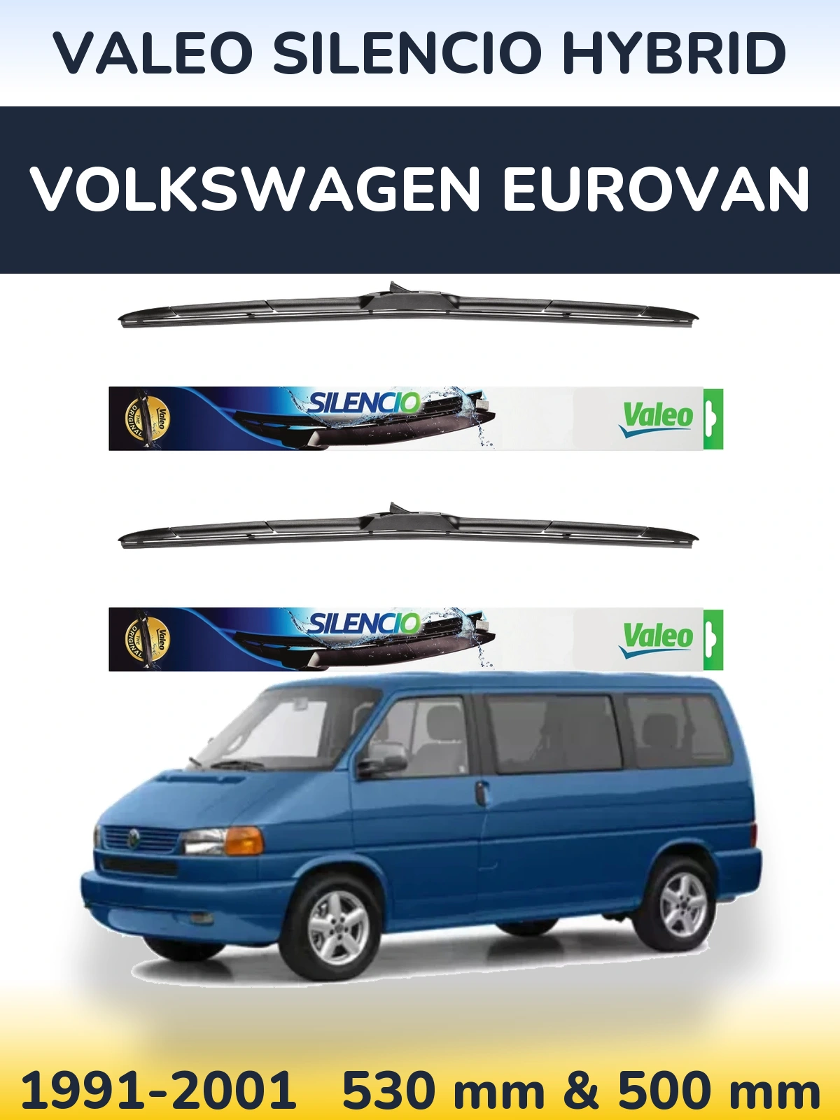 Front wiper blade set Valeo Silencio Hybrid 530 & 500 mm for Volkswagen Eurovan 1991-2001