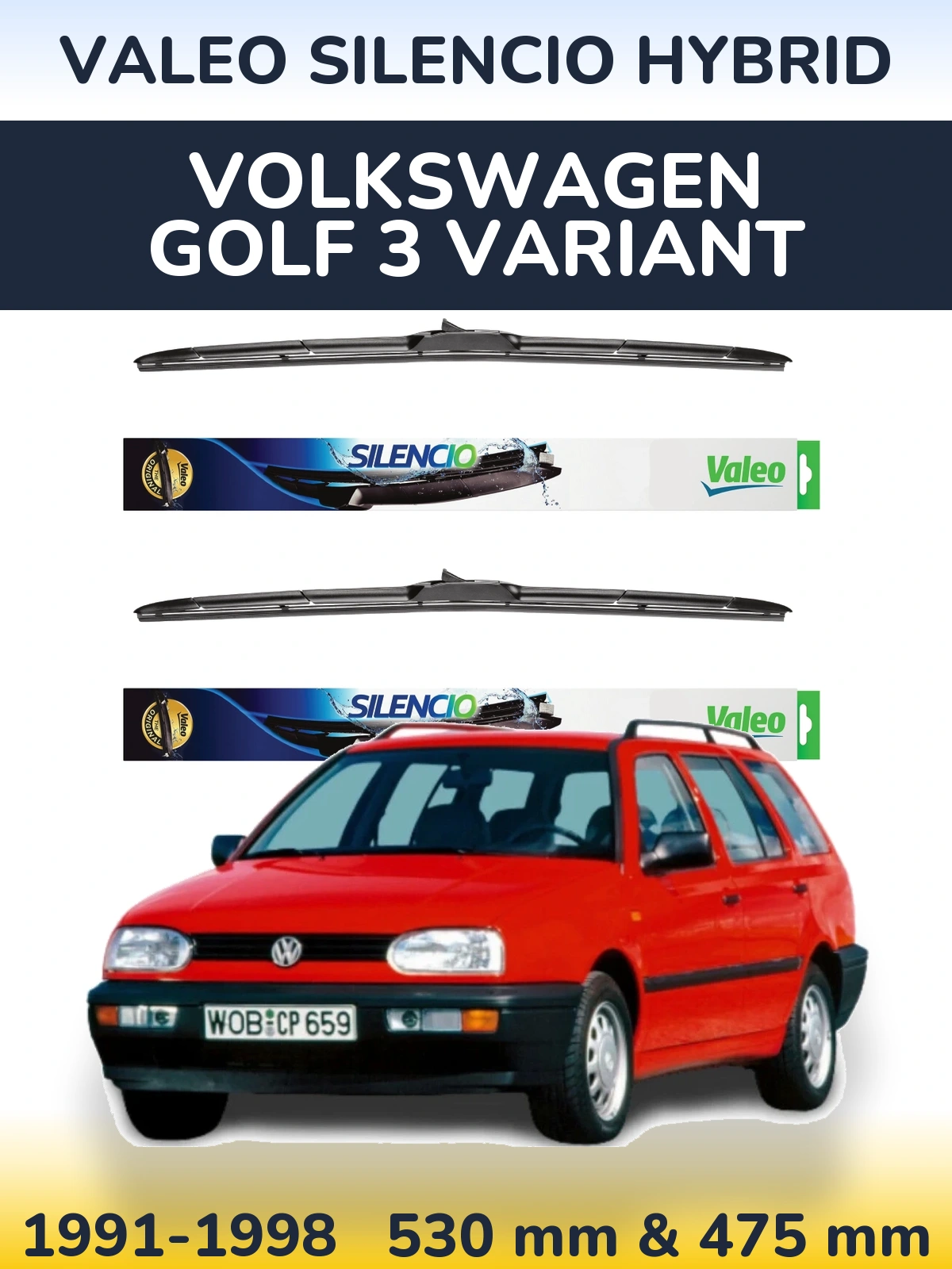 Комплект передніх щіток Valeo Silencio Hybrid 530 & 475 мм для Volkswagen Golf 3 Variant 1991-1998