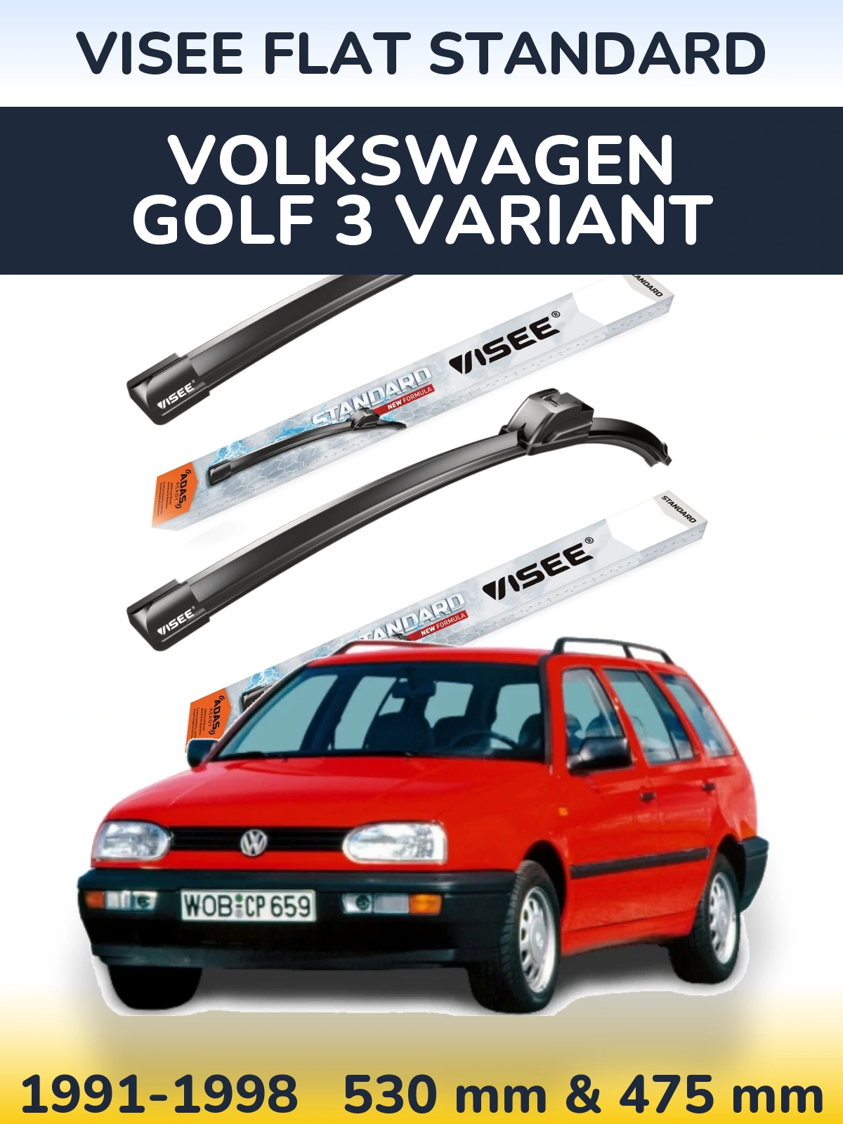 Komplet przednich wycieraczek VISEE FLAT STANDARD 530 & 475 mm do Volkswagen Golf 3 Variant 1991-1998