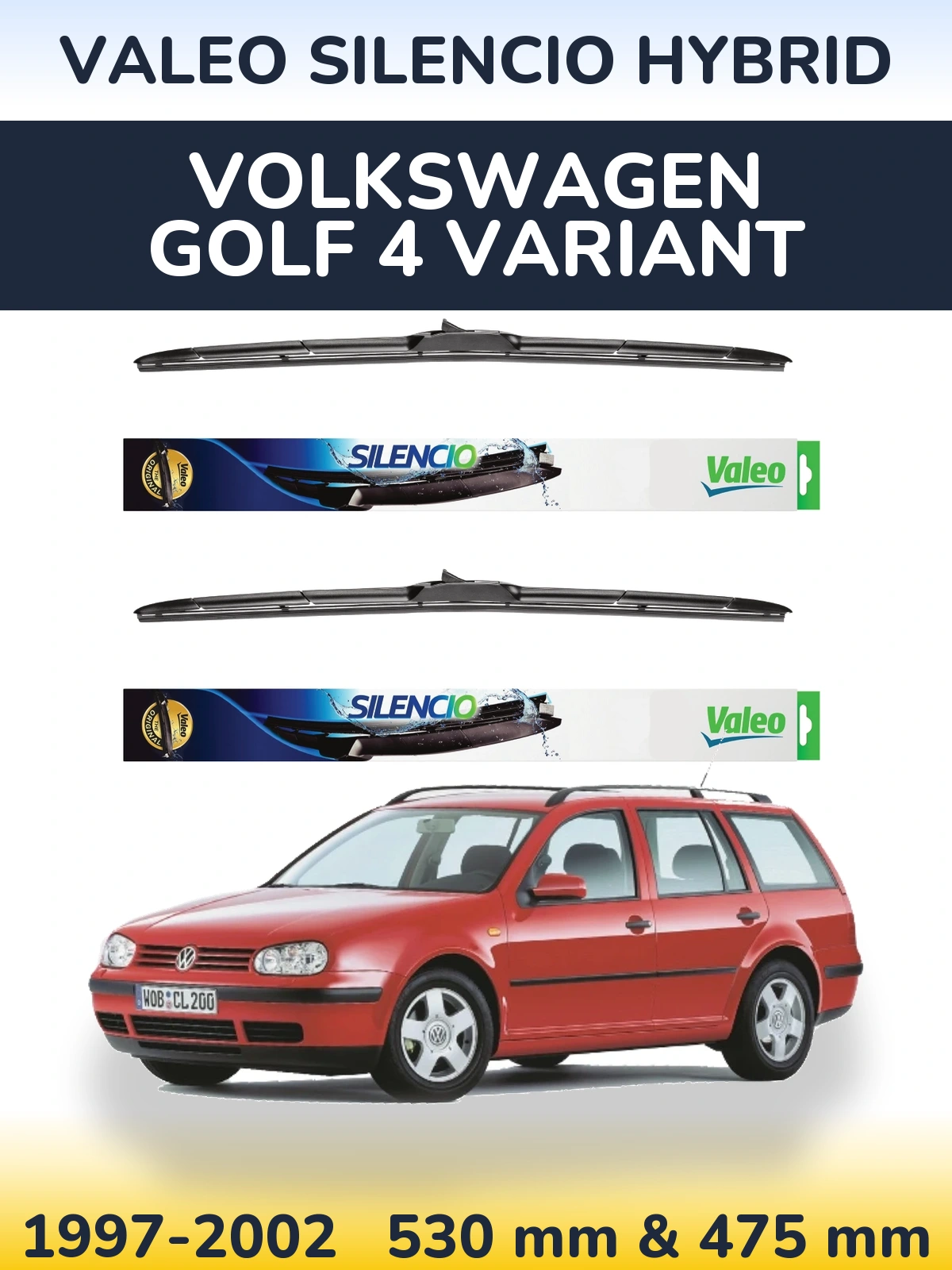 Комплект передніх щіток Valeo Silencio Hybrid 530 & 475 мм для Volkswagen Golf 4 Variant 1997-2002