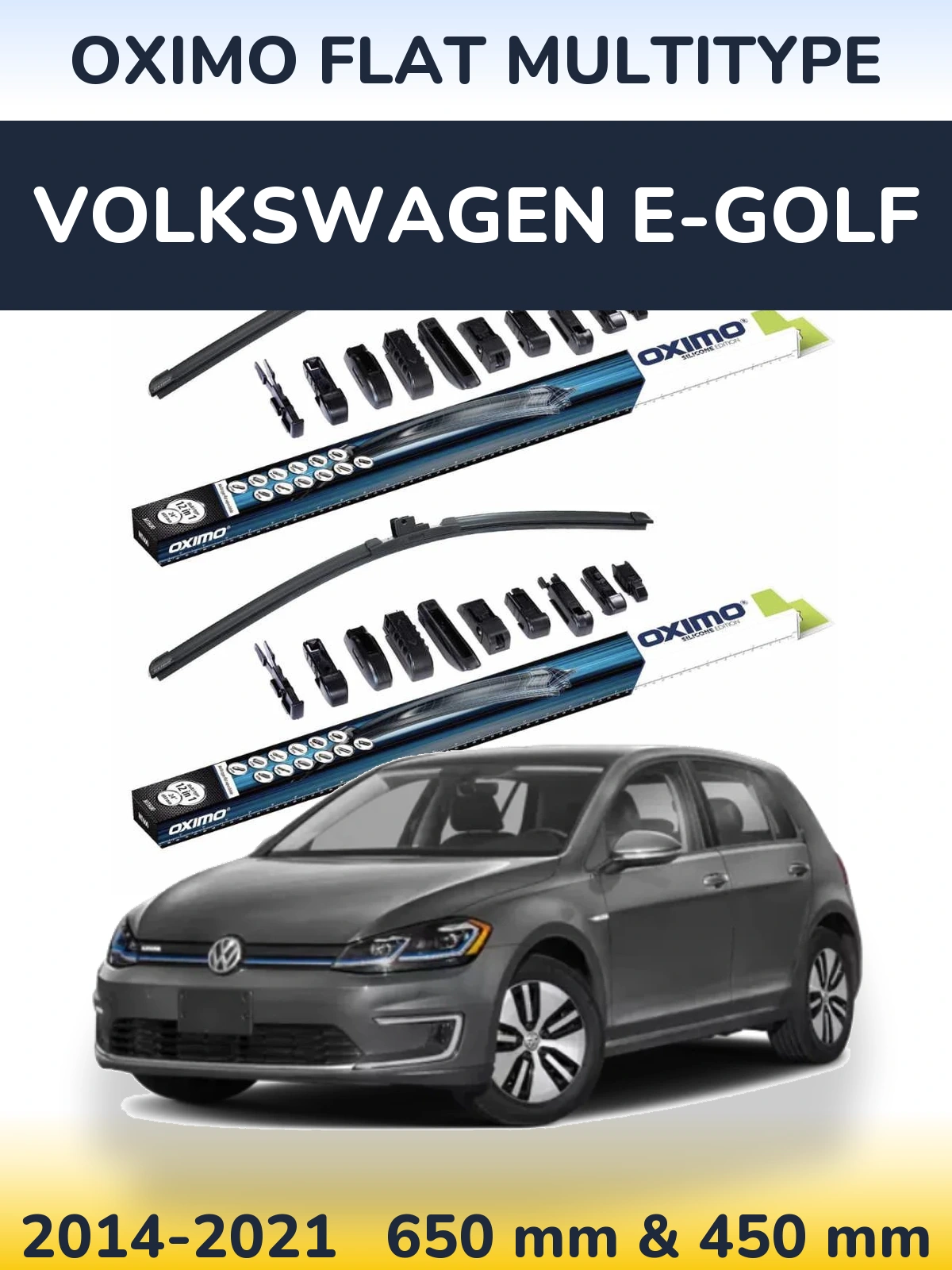 Front wiper blade set Oximo Flat MultiTypee 650 & 450 mm for Volkswagen e-Golf 2014-2021