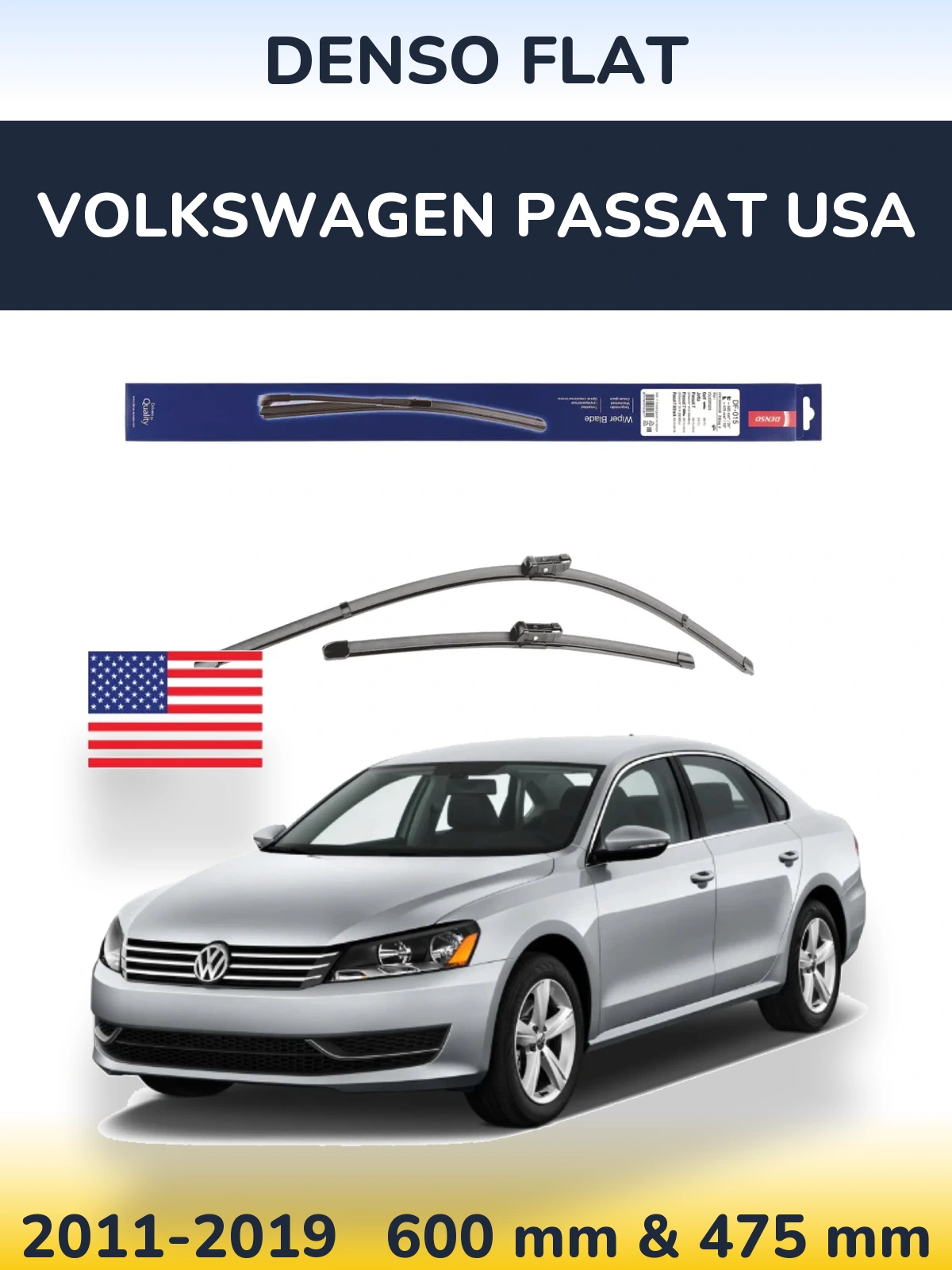 Комплект передних дворников Denso Flat 600 & 475 мм для Volkswagen Passat USA 2011-2019