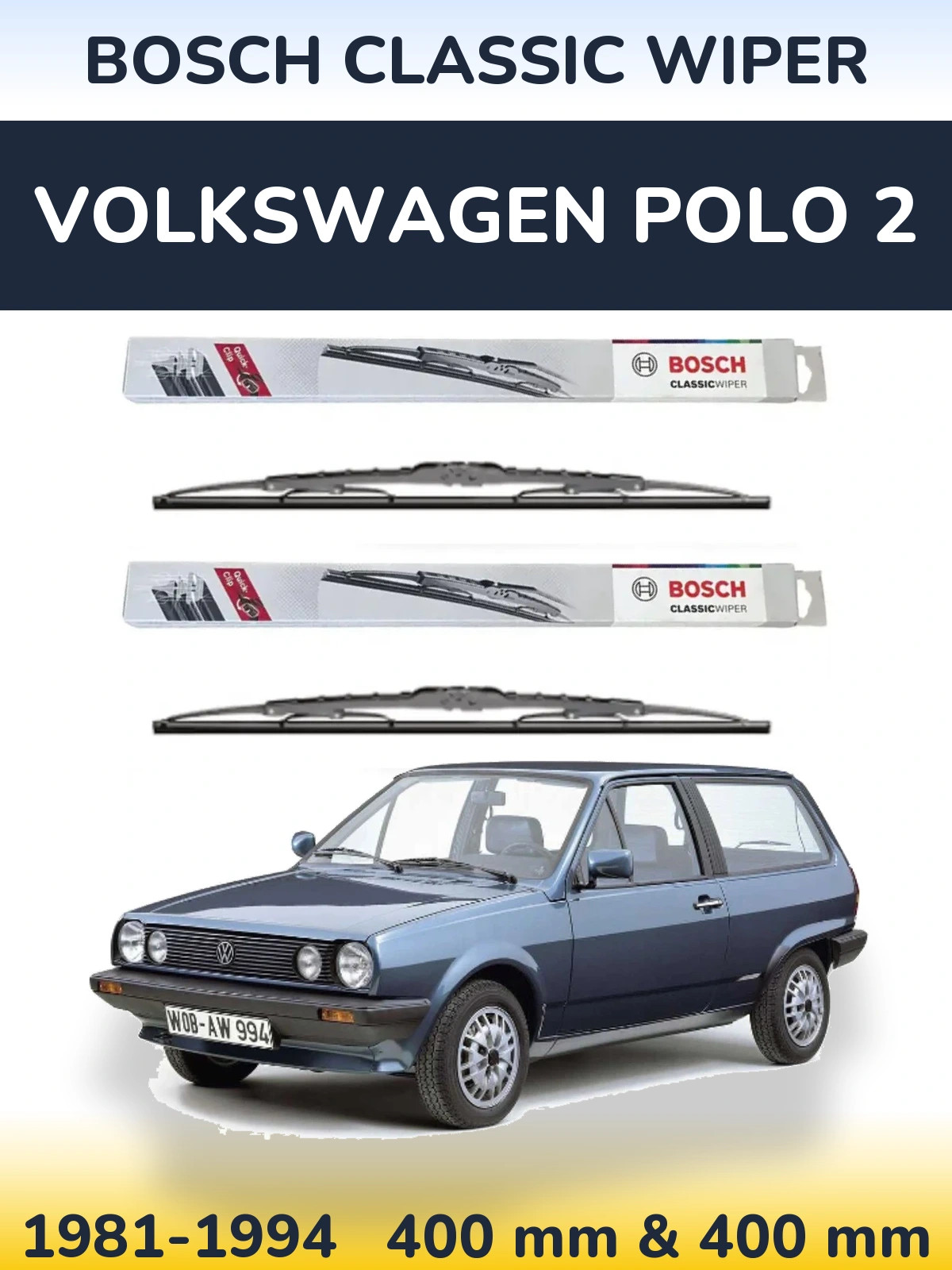Комплект передних дворников BOSCH Classic Wiper 400 & 400 мм для Volkswagen Polo 2 1981-1994